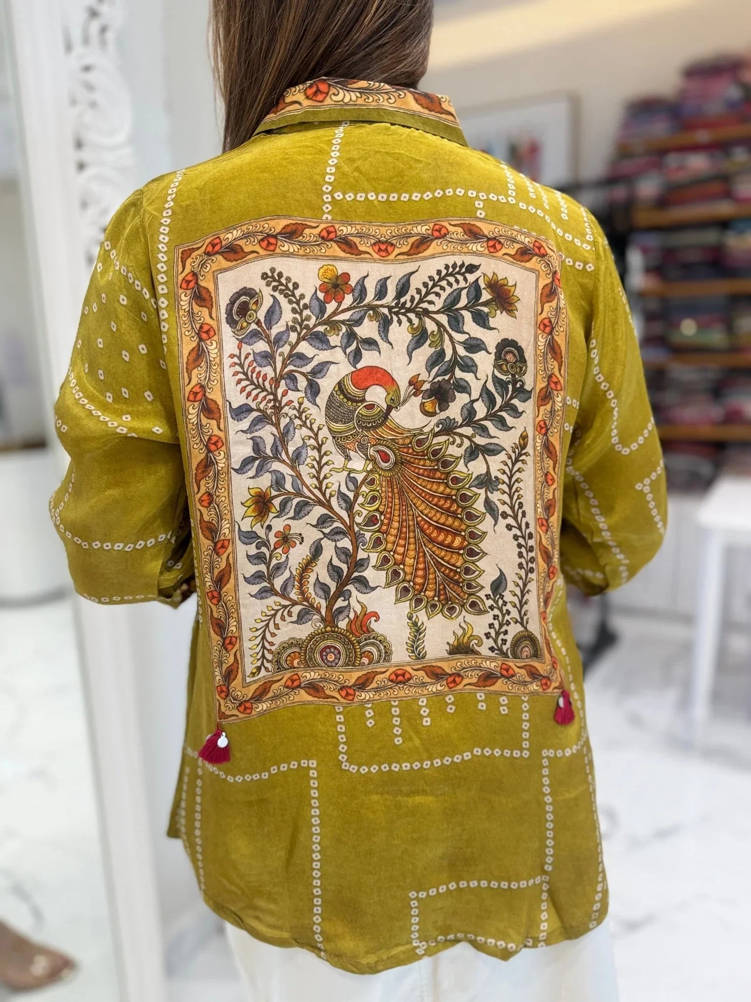 Pure crepe Bandhni kalamkari fusion handwork shirt  -  MEHNDI YELLOW