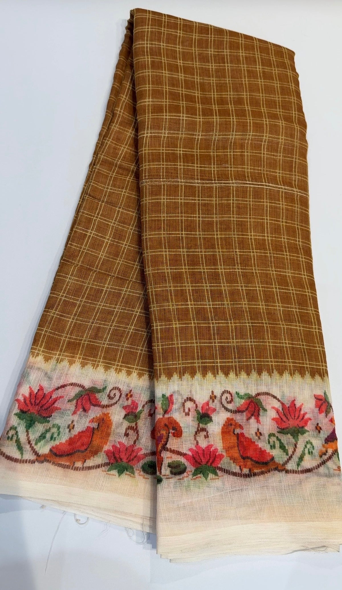 Premium Linen Cotton Saree with Floral Printed Border - MUSTARD