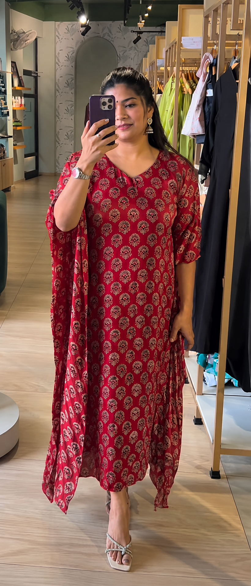 Modal Silk Ajrakh Printed Kaftan- RED