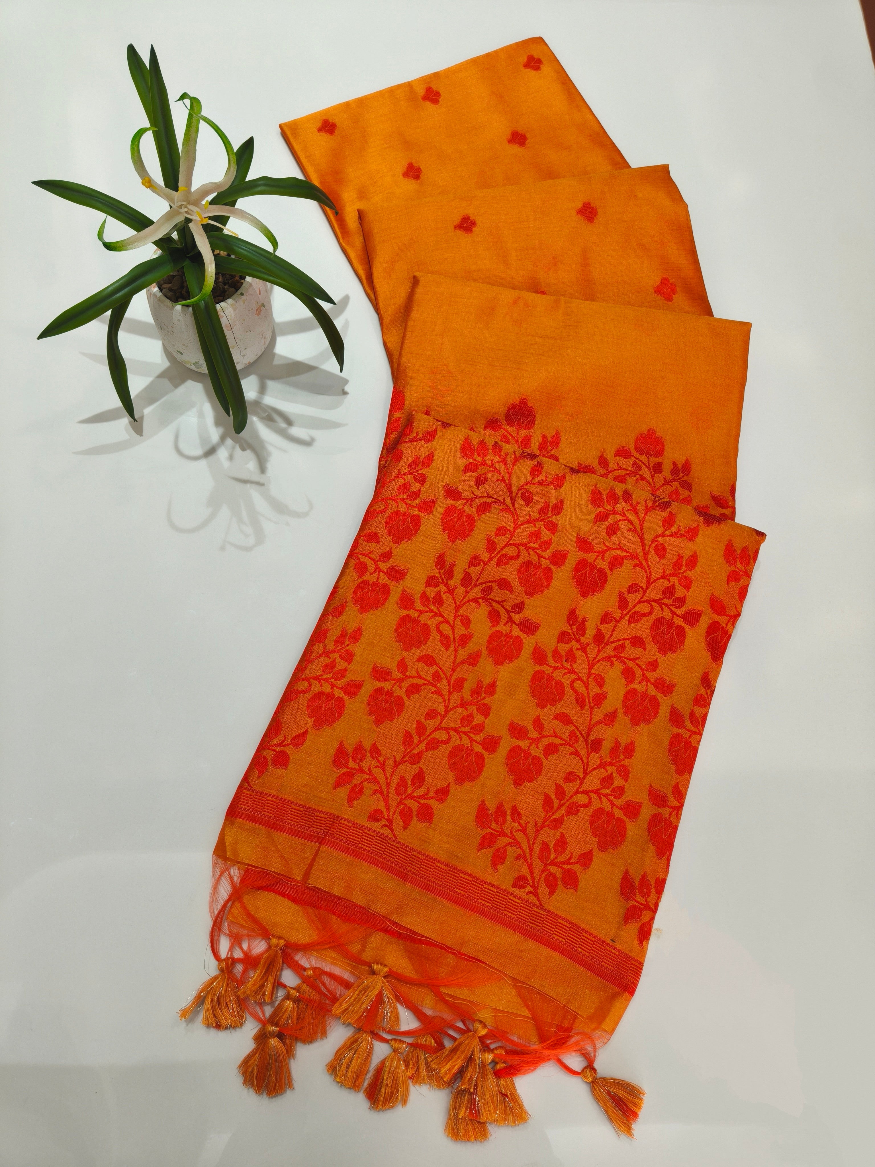 Tussar Raw Silk Floral Weaving Saree - ORANGE