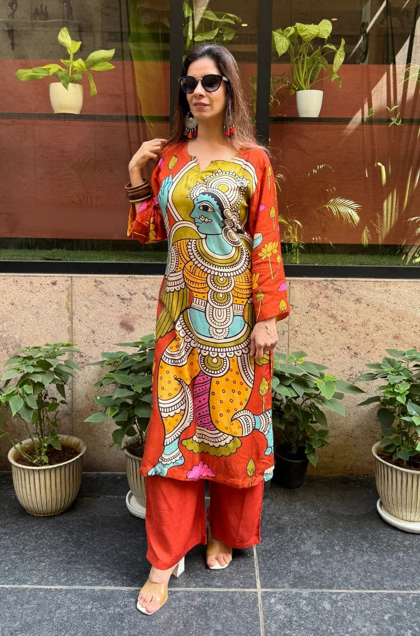 Folk Art Inspired Printed Straight Kurta & Pants Set - ORANGE