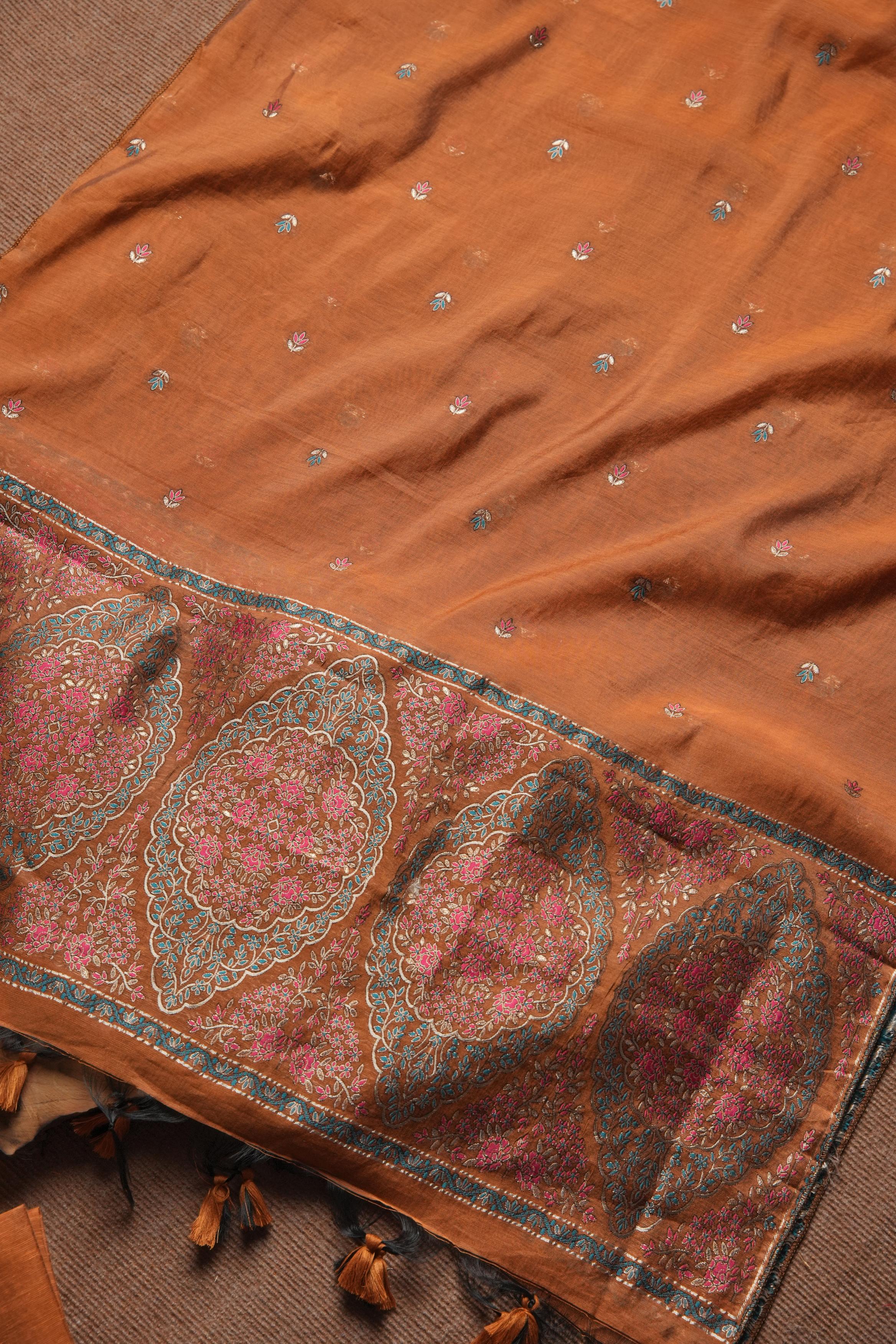 Linen Cotton Kashmiri Art Unstitched Suit- ORANGE