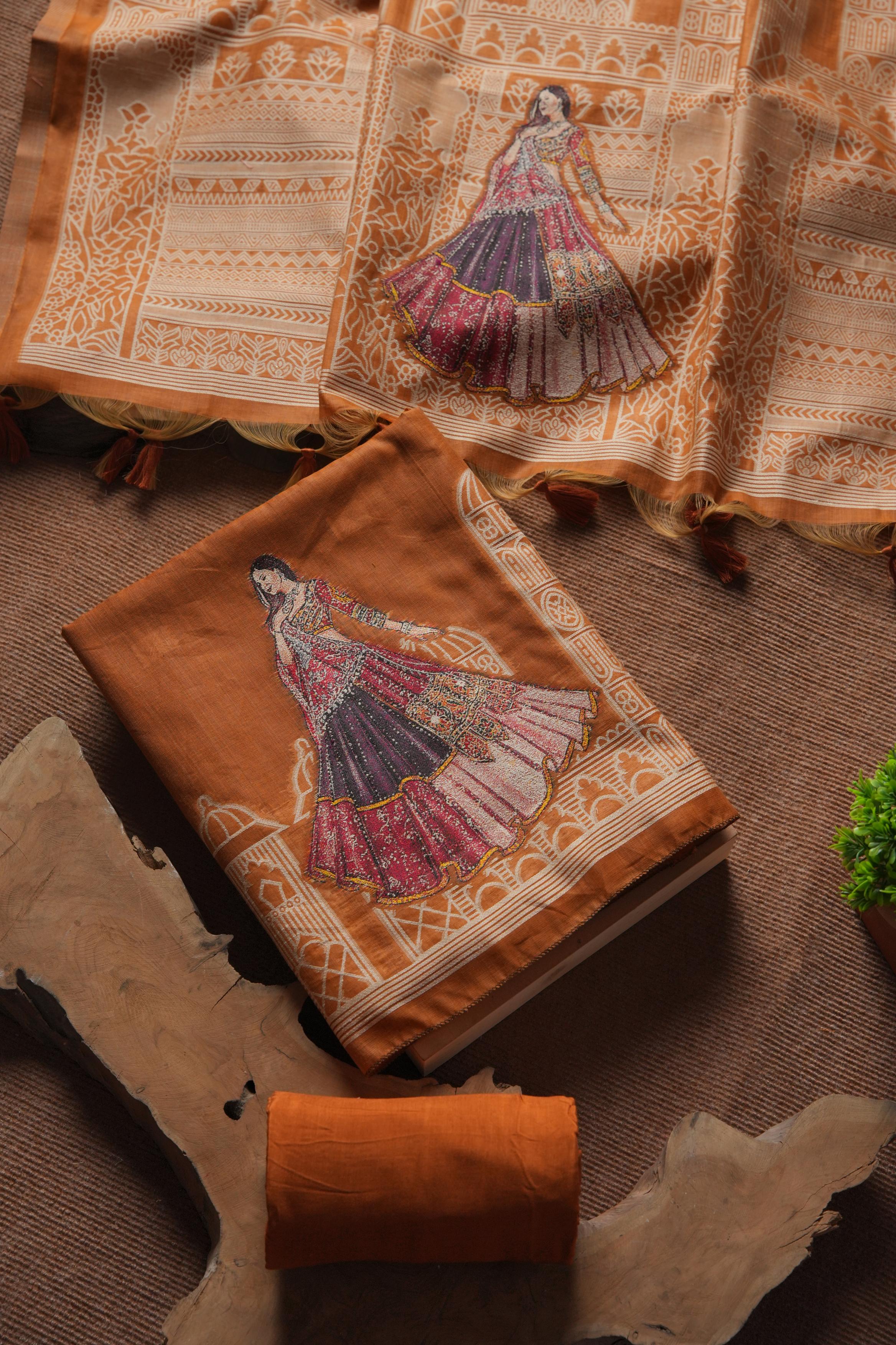 Rang Mahal Muga Cotton Unstitched Suit - Orange