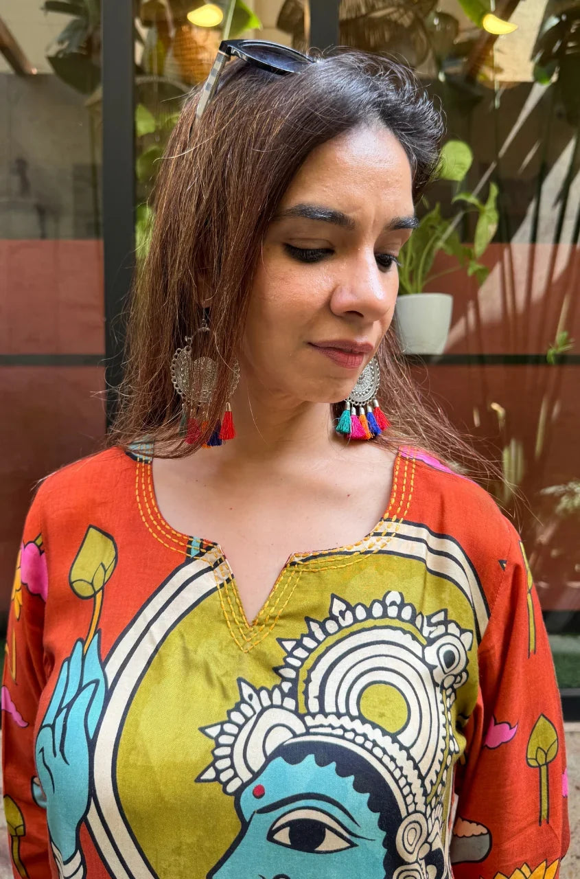 Folk Art Inspired Printed Straight Kurta & Pants Set - ORANGE