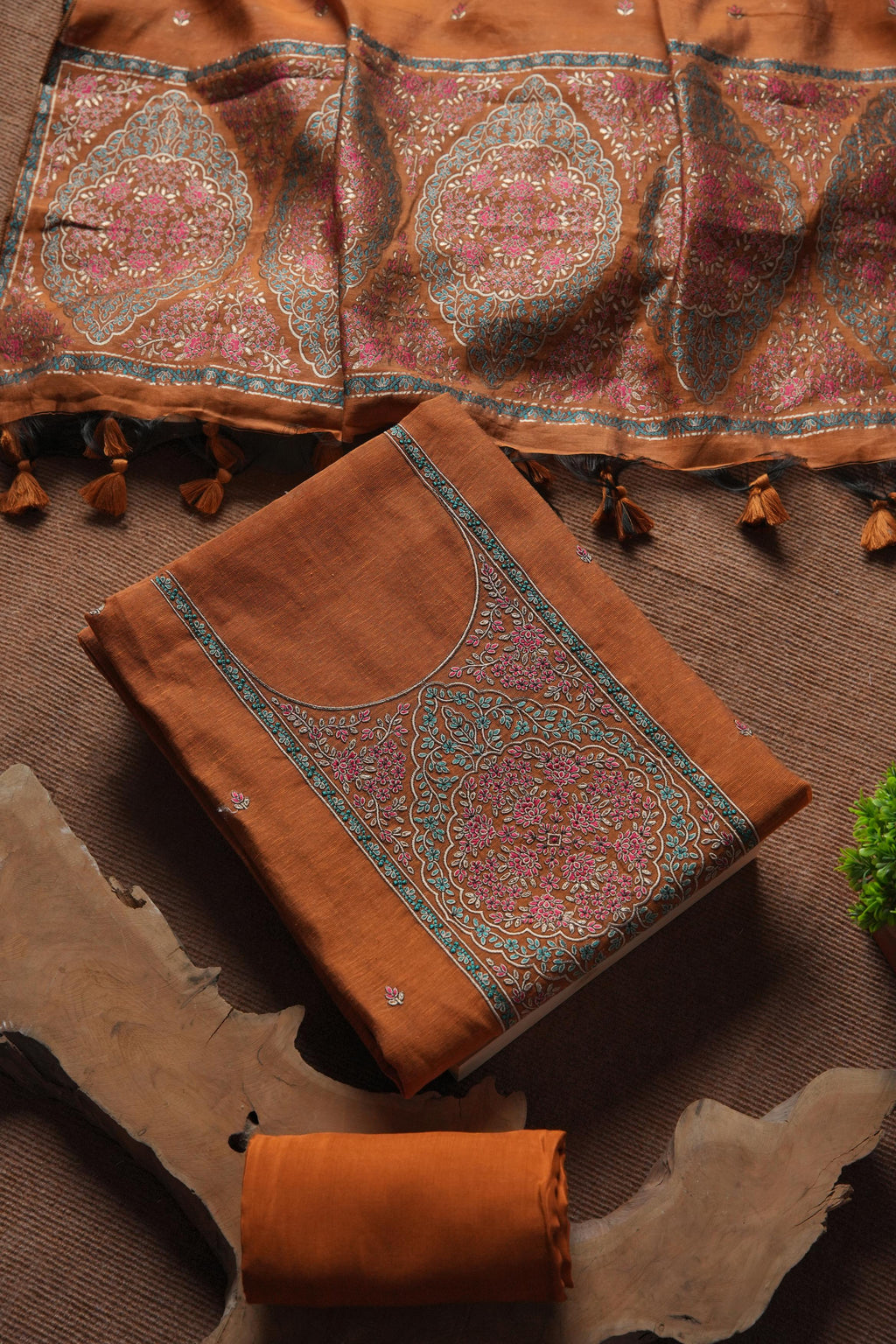 Linen Cotton Kashmiri Art Unstitched Suit- ORANGE