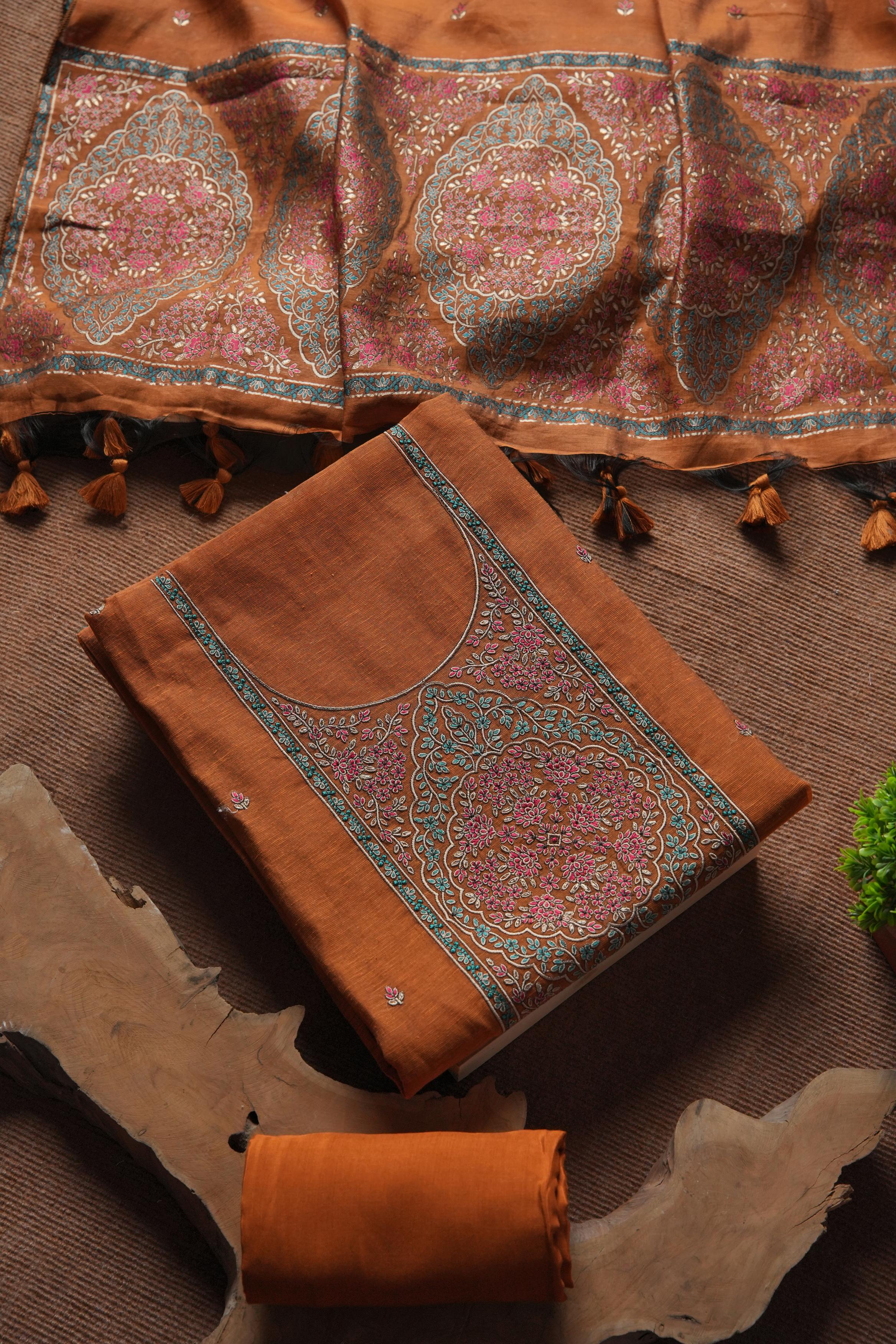 Linen Cotton Kashmiri Art Unstitched Suit- ORANGE