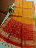 Raw Silk Ikkat Saree With Zari Woven Border-orange