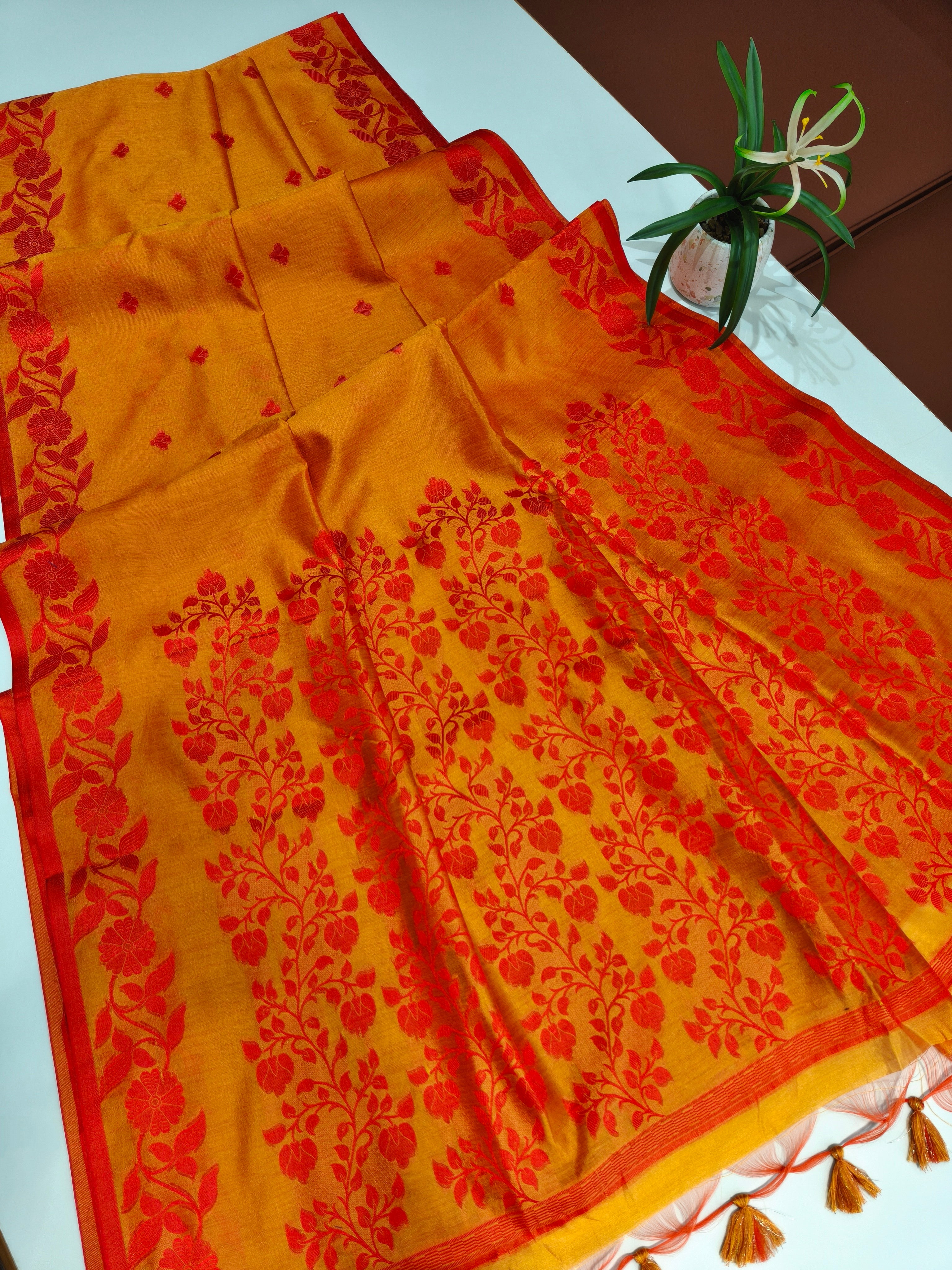 Tussar Raw Silk Floral Weaving Saree - ORANGE