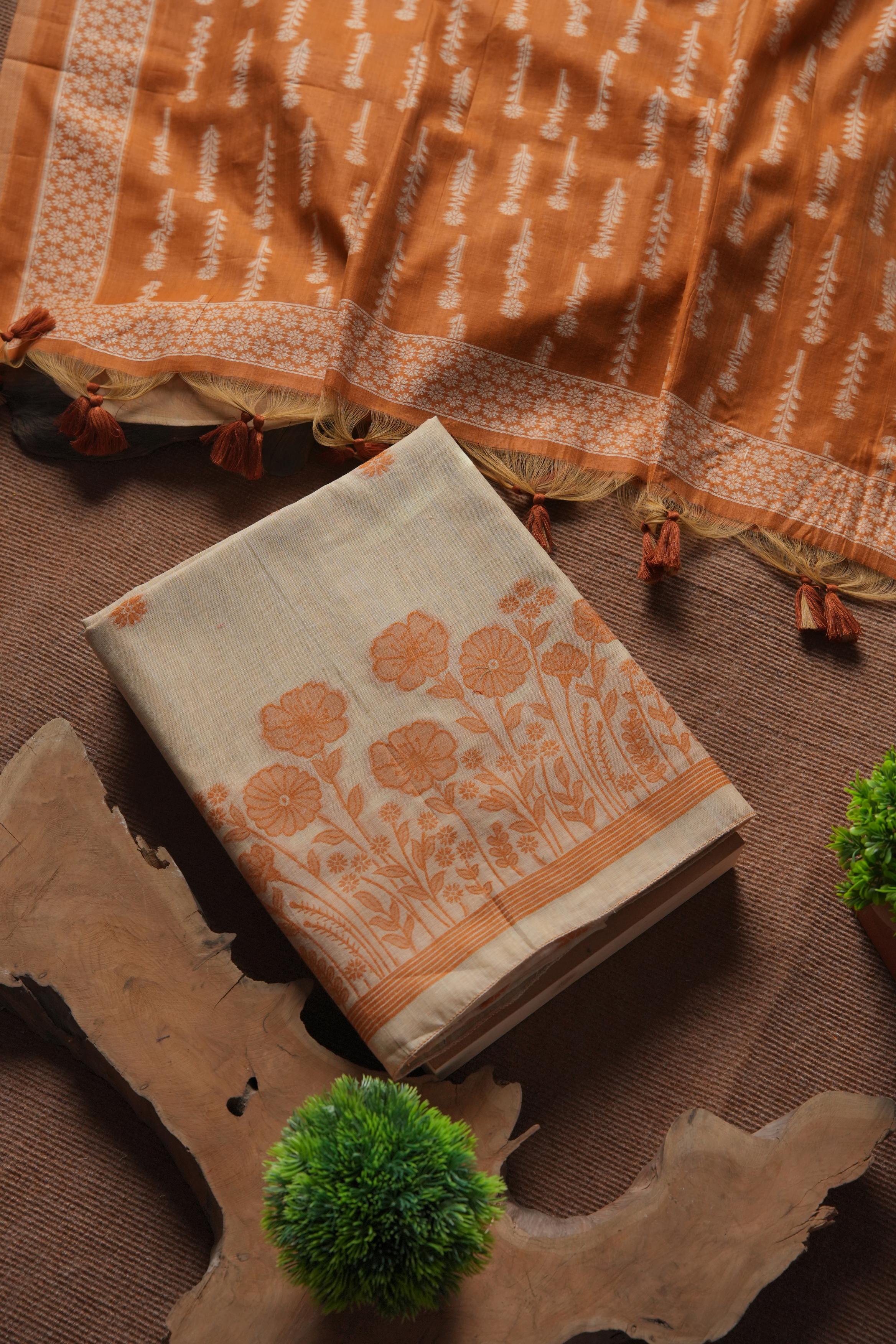 Muga Cotton Floral Woven Unstitched Suit - Orange