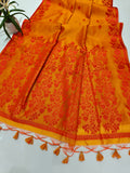 Tussar Raw Silk Floral Weaving Saree - ORANGE