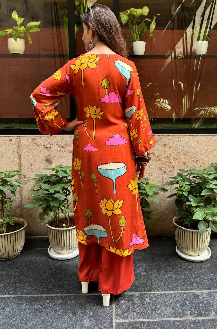 Folk Art Inspired Printed Straight Kurta & Pants Set - ORANGE