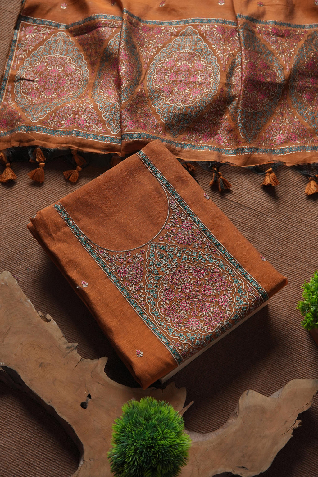 Linen Cotton Kashmiri Art Unstitched Suit- ORANGE