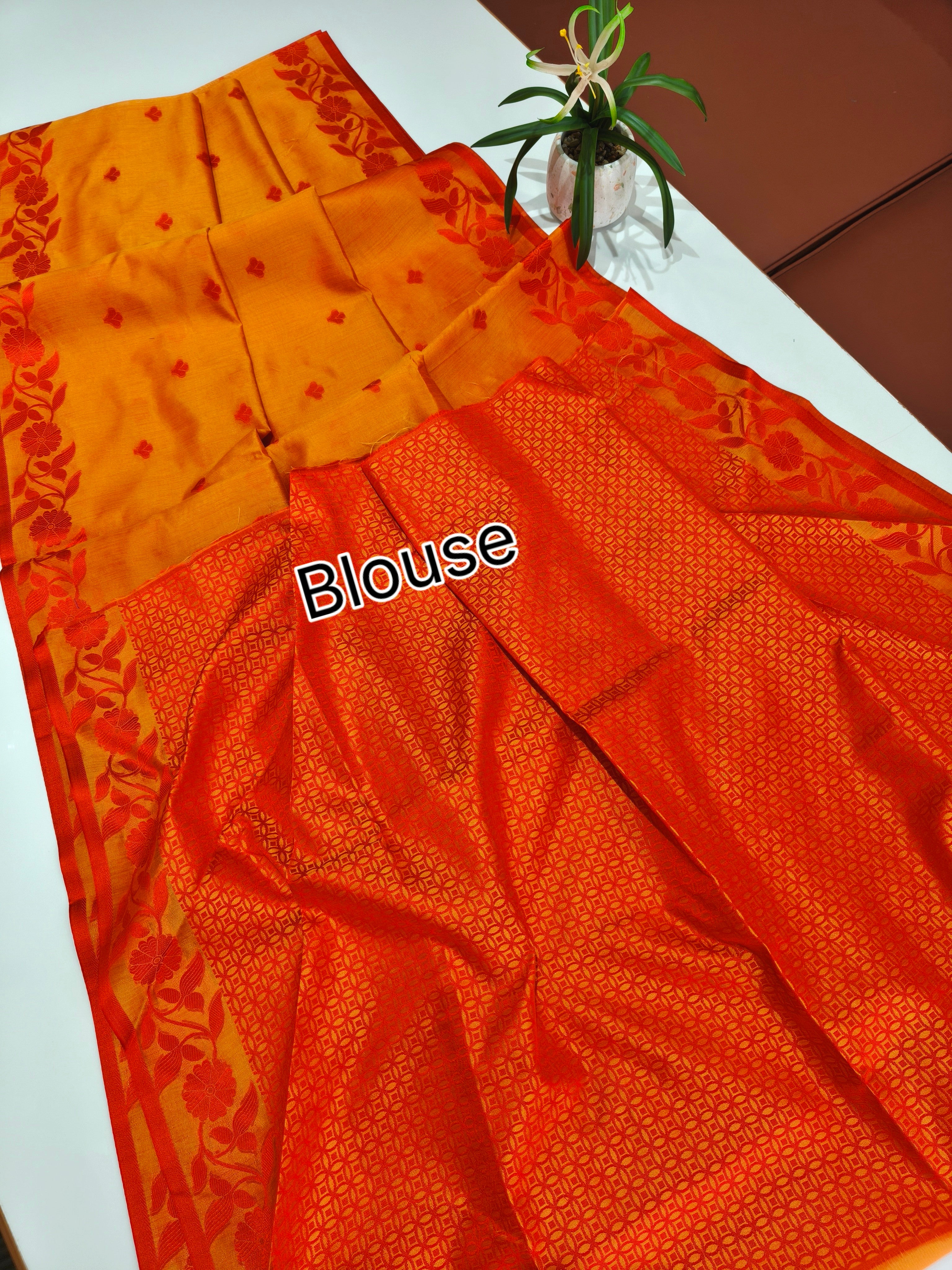 Tussar Raw Silk Floral Weaving Saree - ORANGE