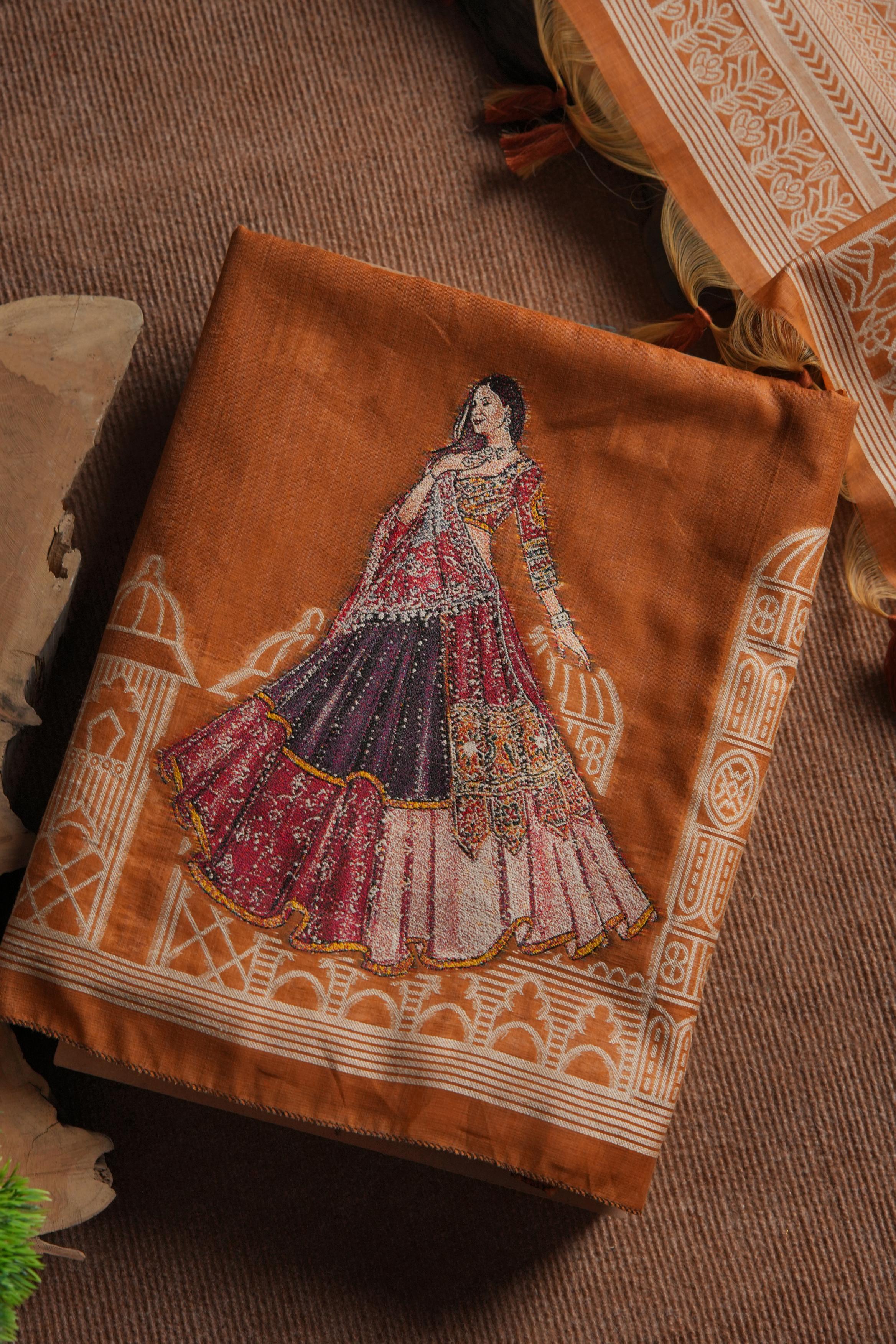 Rang Mahal Muga Cotton Unstitched Suit - Orange