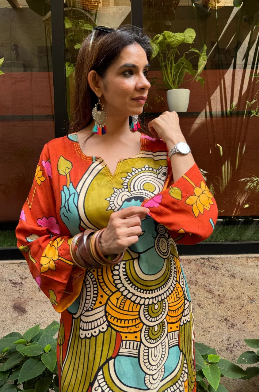 Folk Art Inspired Printed Straight Kurta & Pants Set - ORANGE