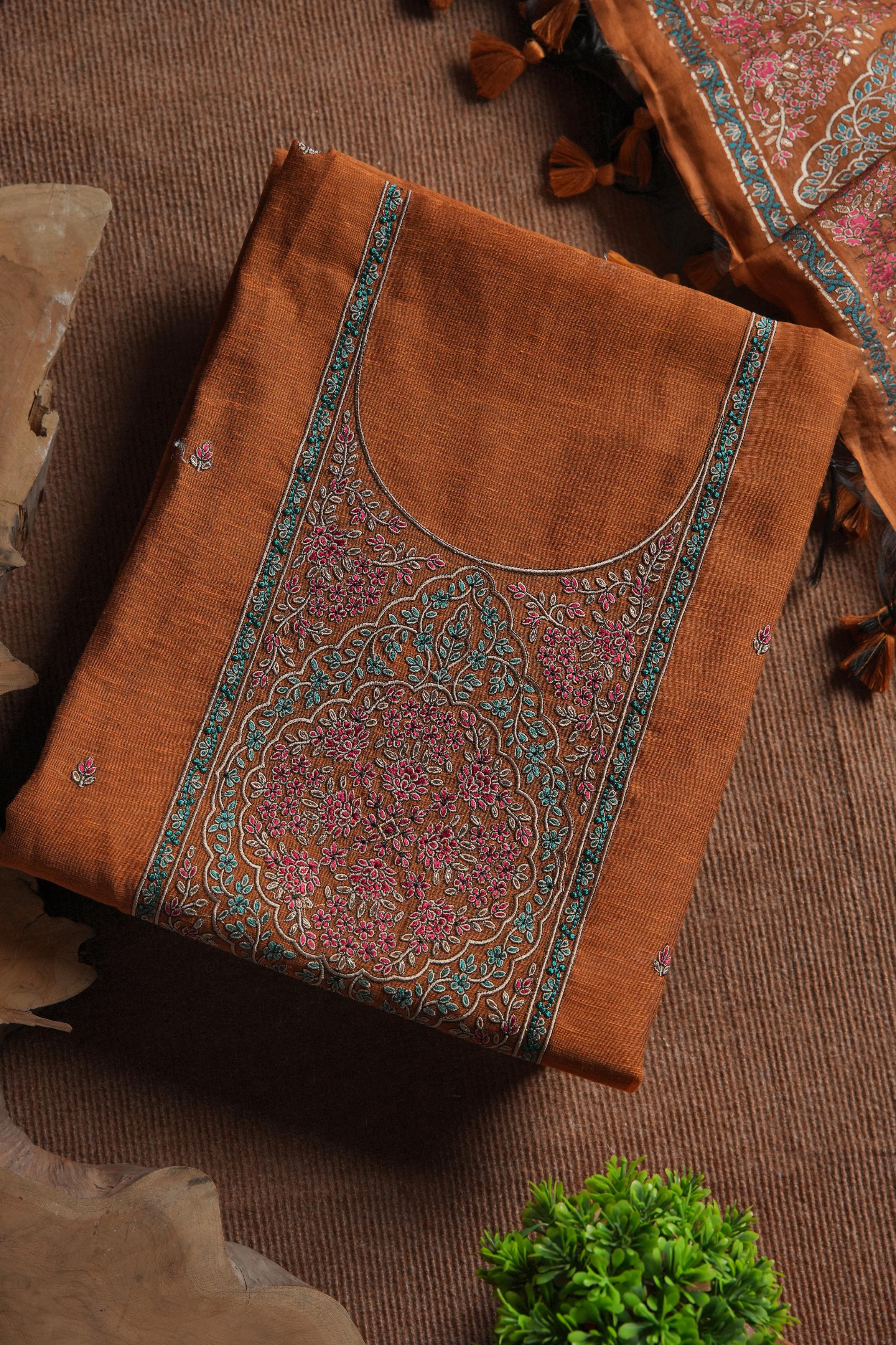 Linen Cotton Kashmiri Art Unstitched Suit- ORANGE