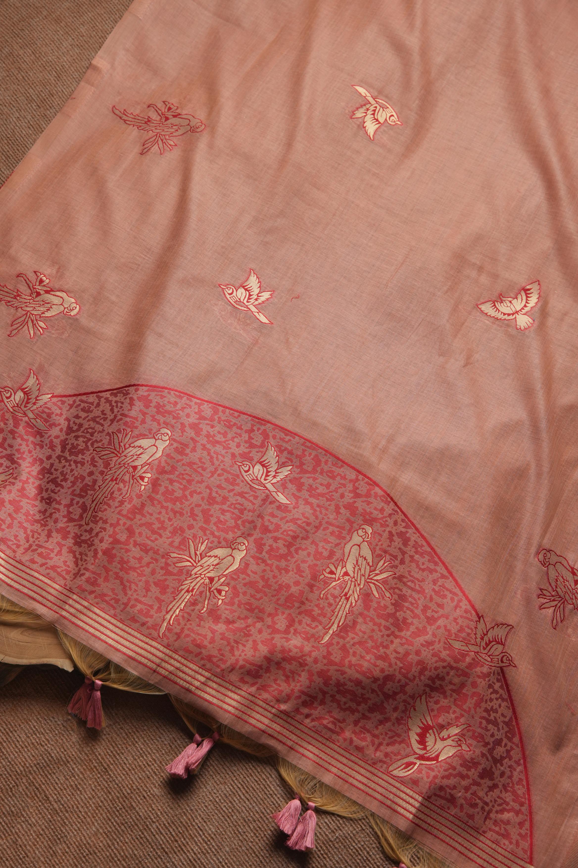 Muga Cotton Parrot Motif Unstitched Suit-Peach