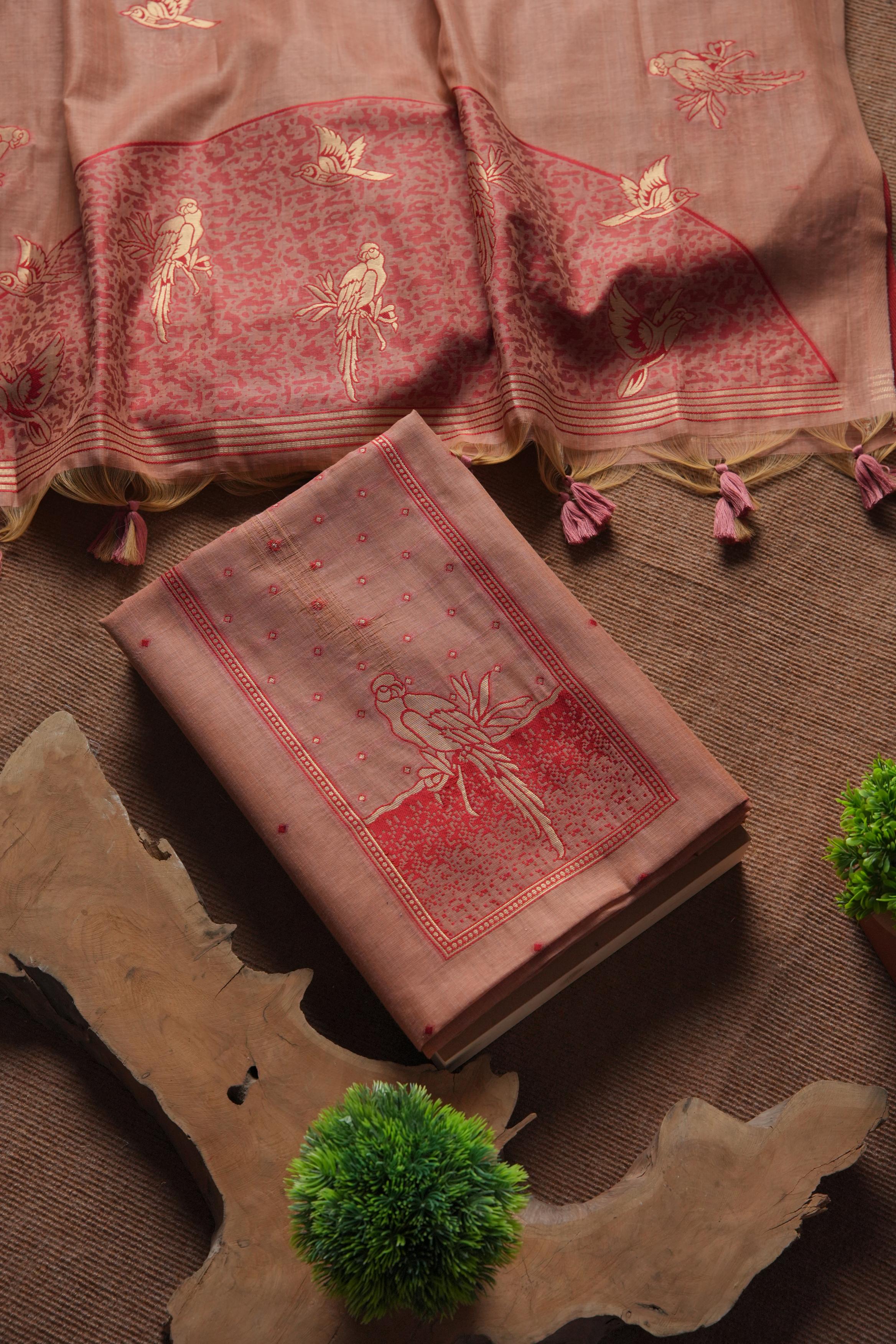 Muga Cotton Parrot Motif Unstitched Suit-Peach