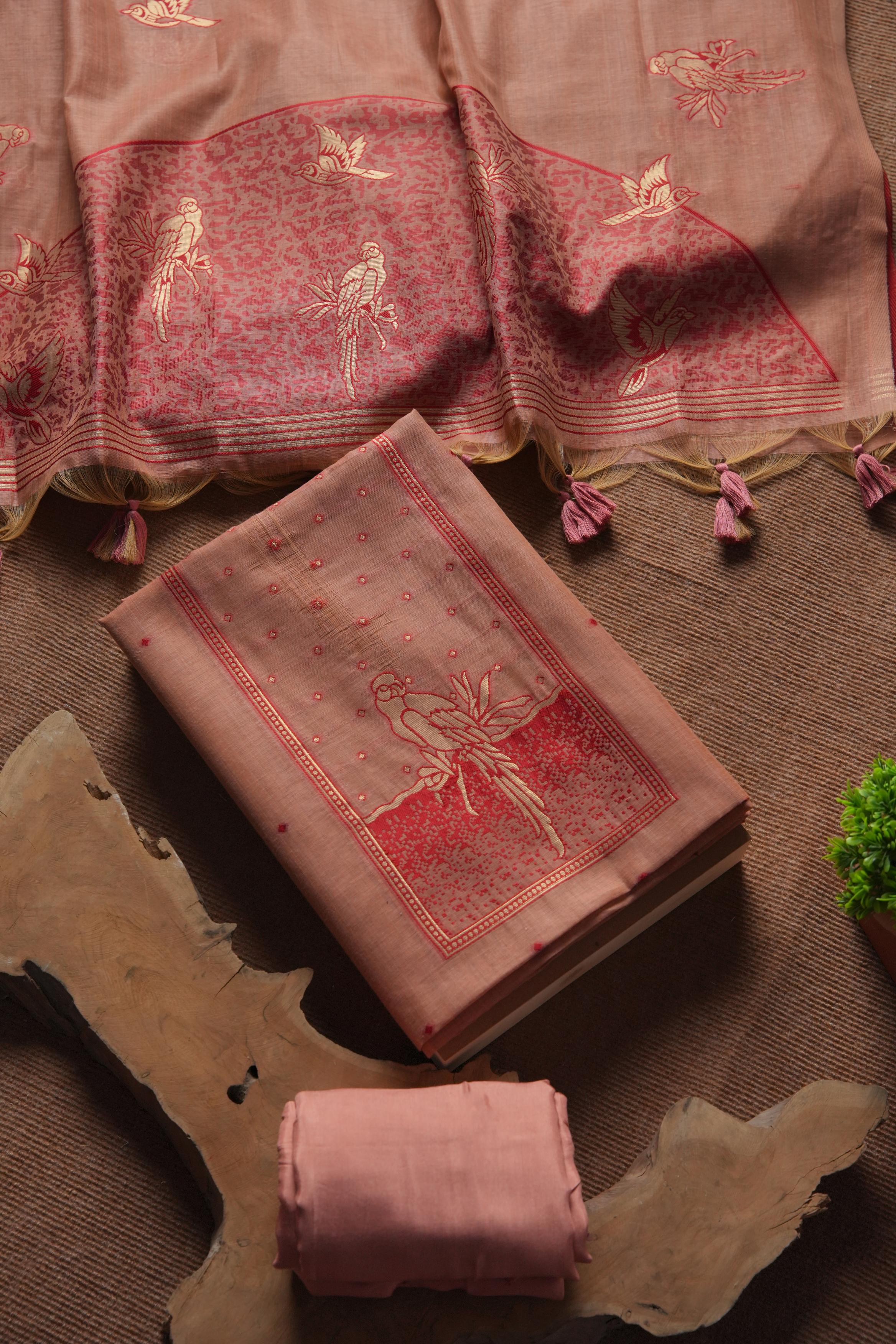 Muga Cotton Parrot Motif Unstitched Suit-Peach