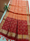 Raw Silk Ikkat Saree With Zari Woven Border-PEACH