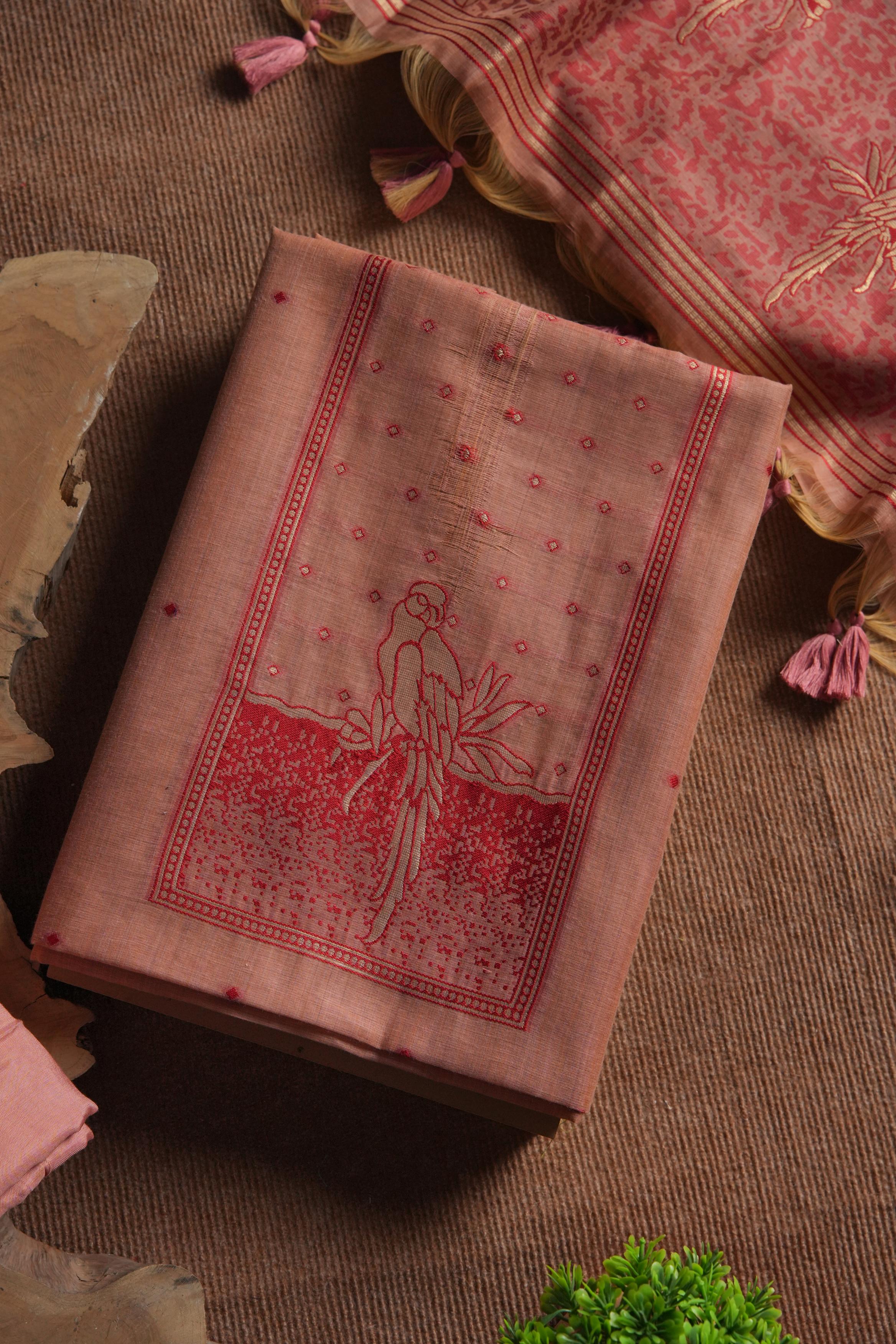 Muga Cotton Parrot Motif Unstitched Suit-Peach