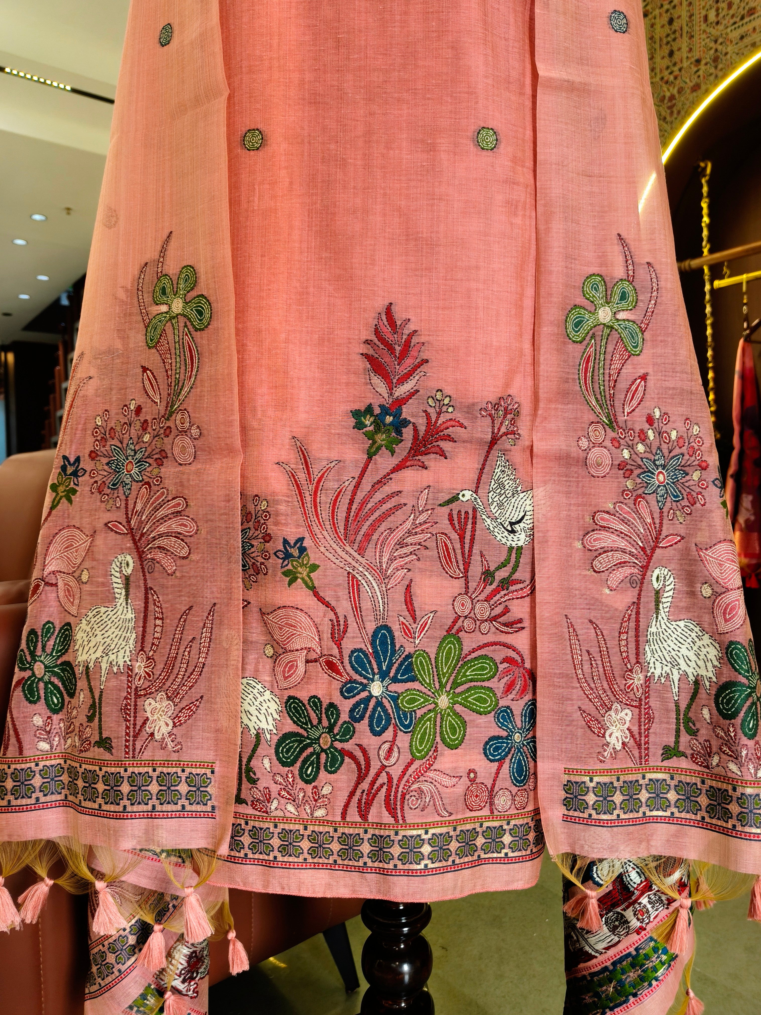 Muga Cotton Khadi Jamdani Unstitched Suit- Pink