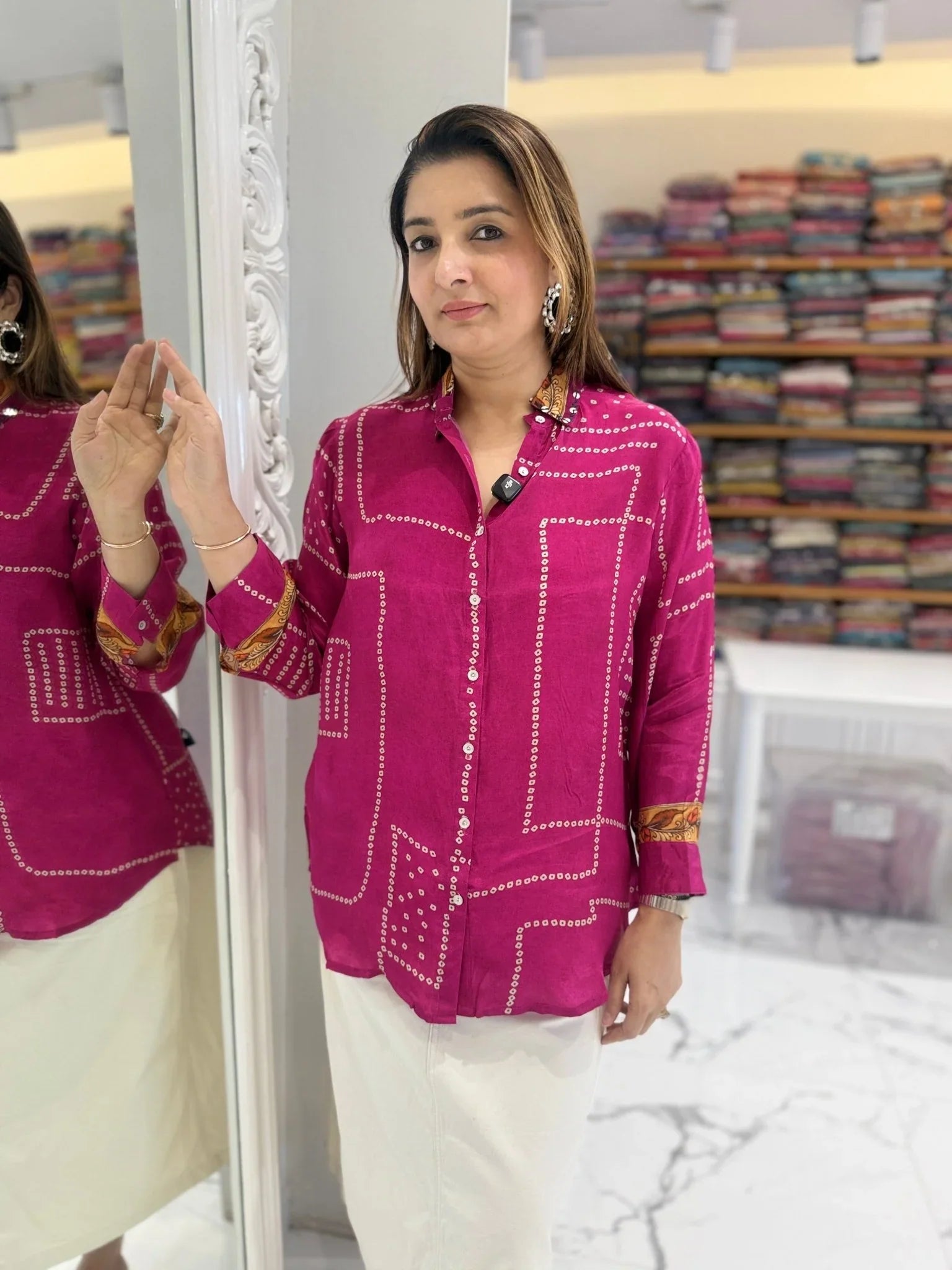 Pure crepe Bandhni kalamkari fusion handwork shirt  -  PINK