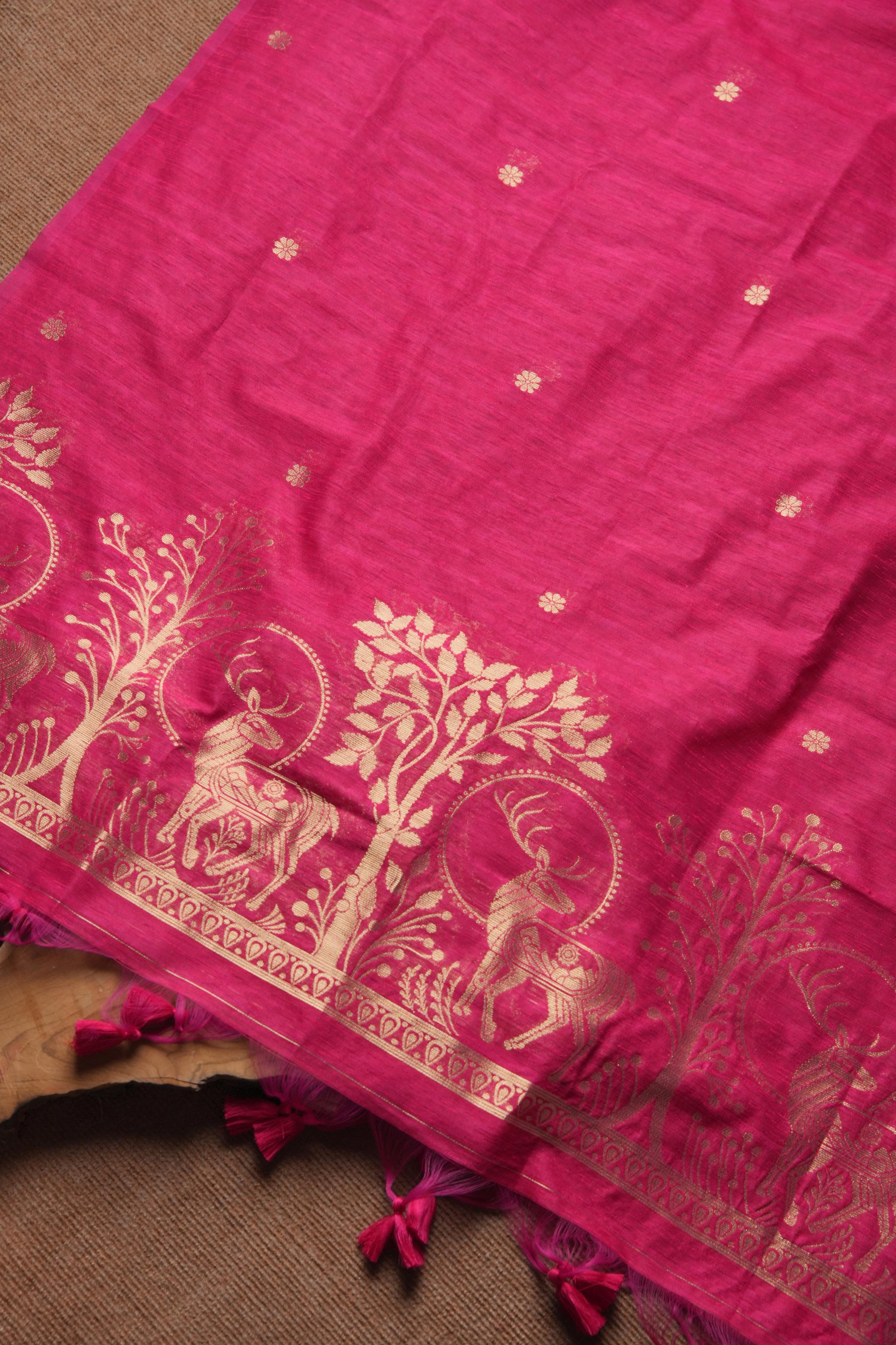 Linen Muslin Golden Zari Unstitched Suit-Pink