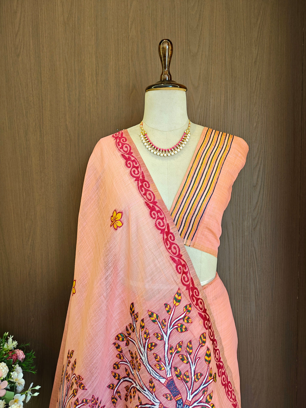 Designer Muga Cotton Saree with Warli Inspired Border-PINK