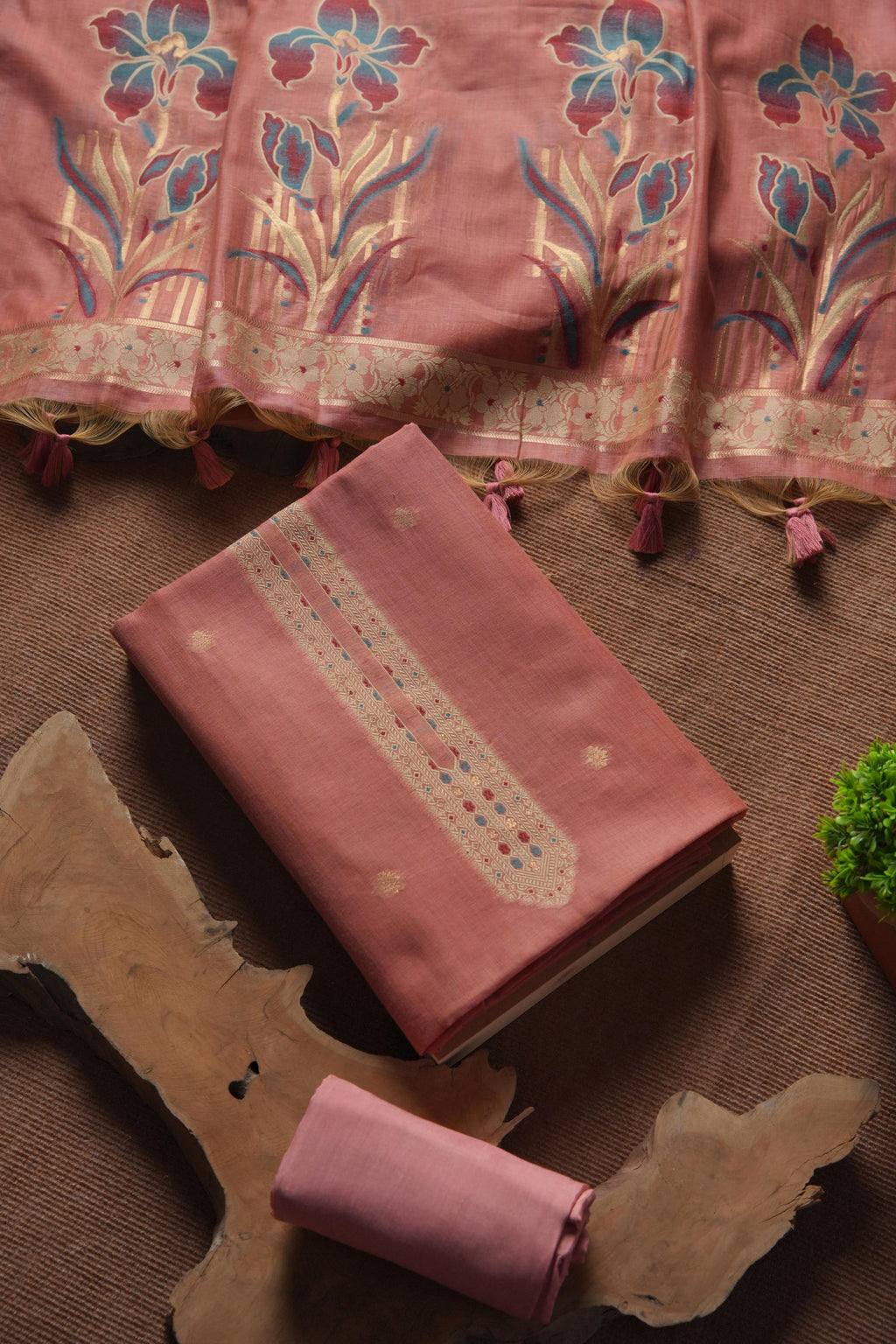 Blush Muga Cotton Unstitched Suit - PINK