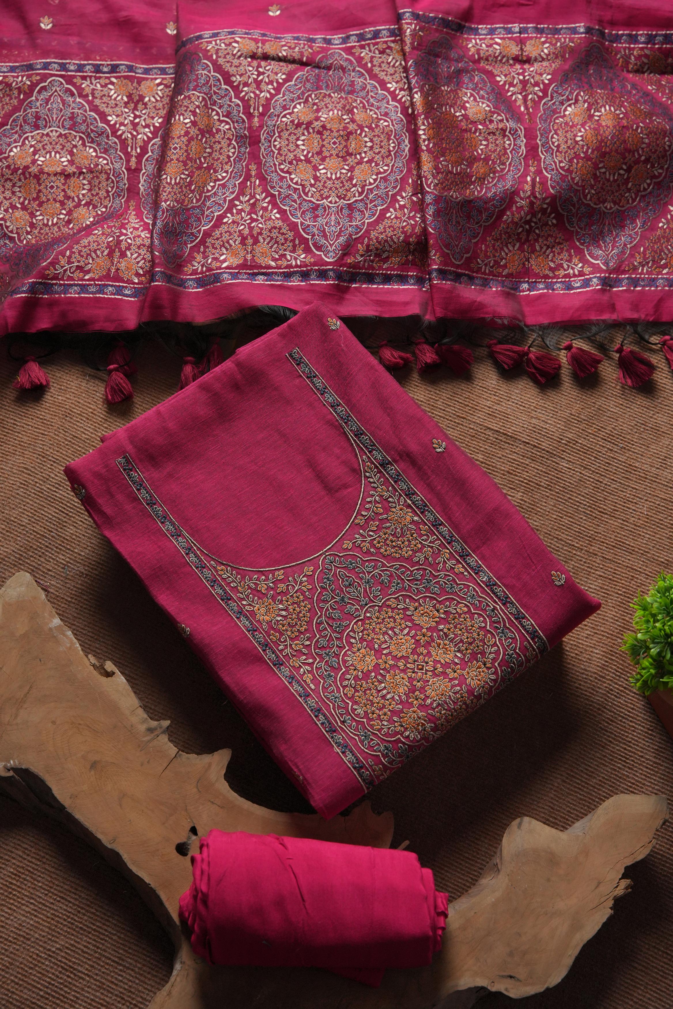 Linen Cotton Kashmiri Art Unstitched Suit- PINK