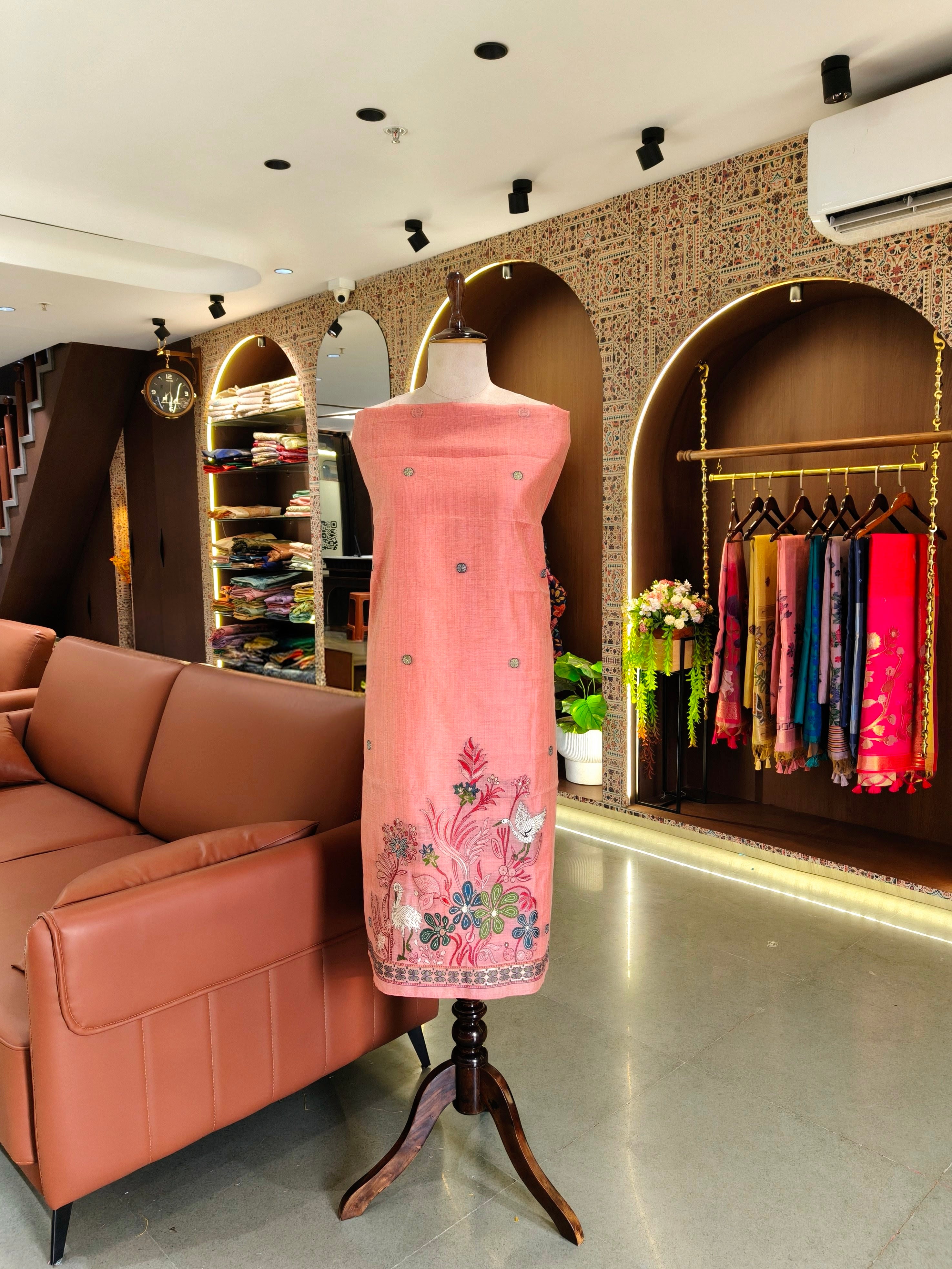 Muga Cotton Khadi Jamdani Unstitched Suit- Pink