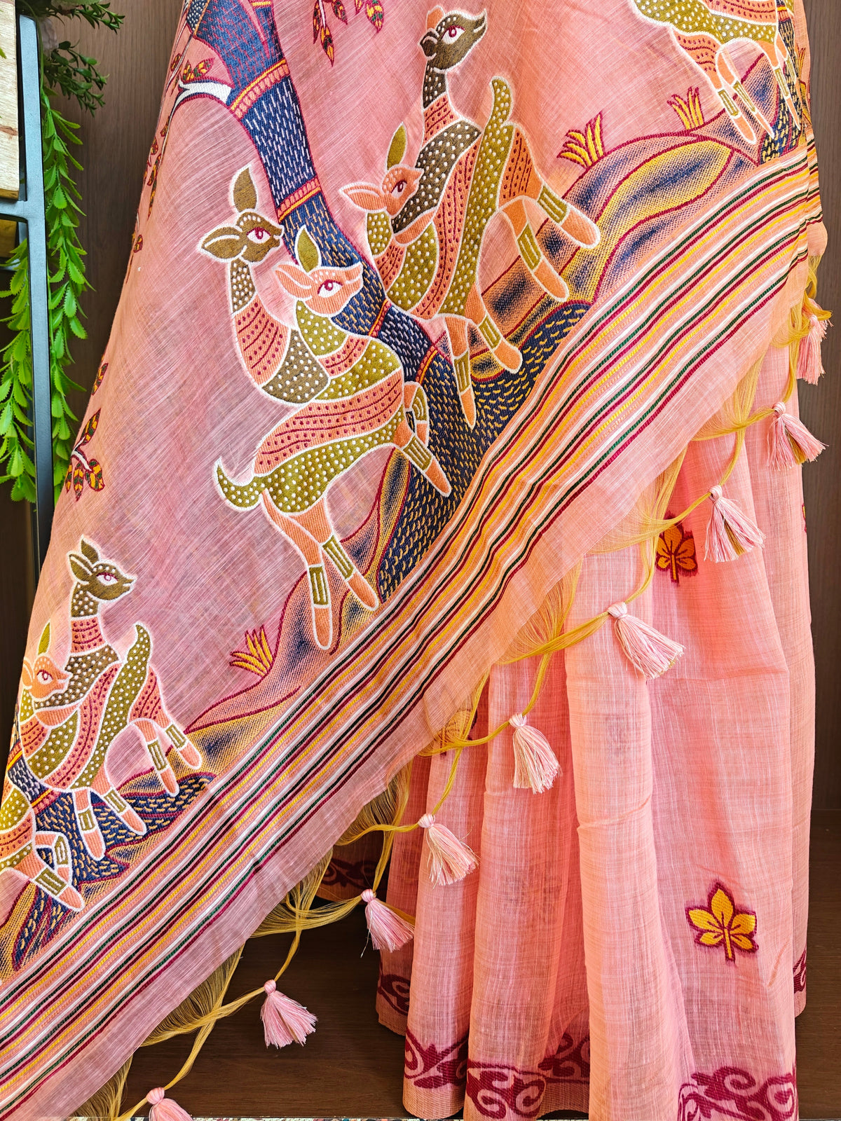 Designer Muga Cotton Saree with Warli Inspired Border-PINK
