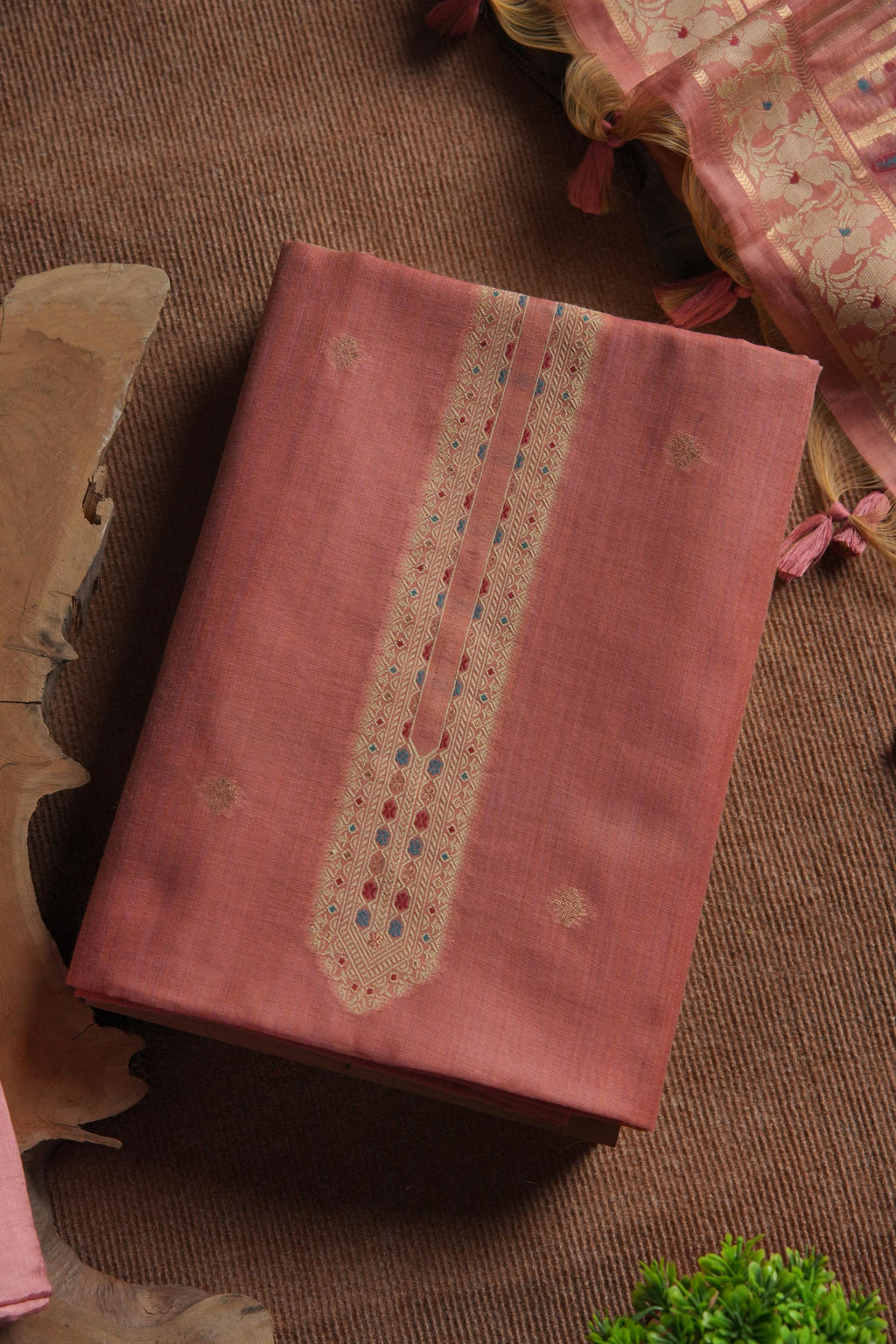 Blush Muga Cotton Unstitched Suit - PINK