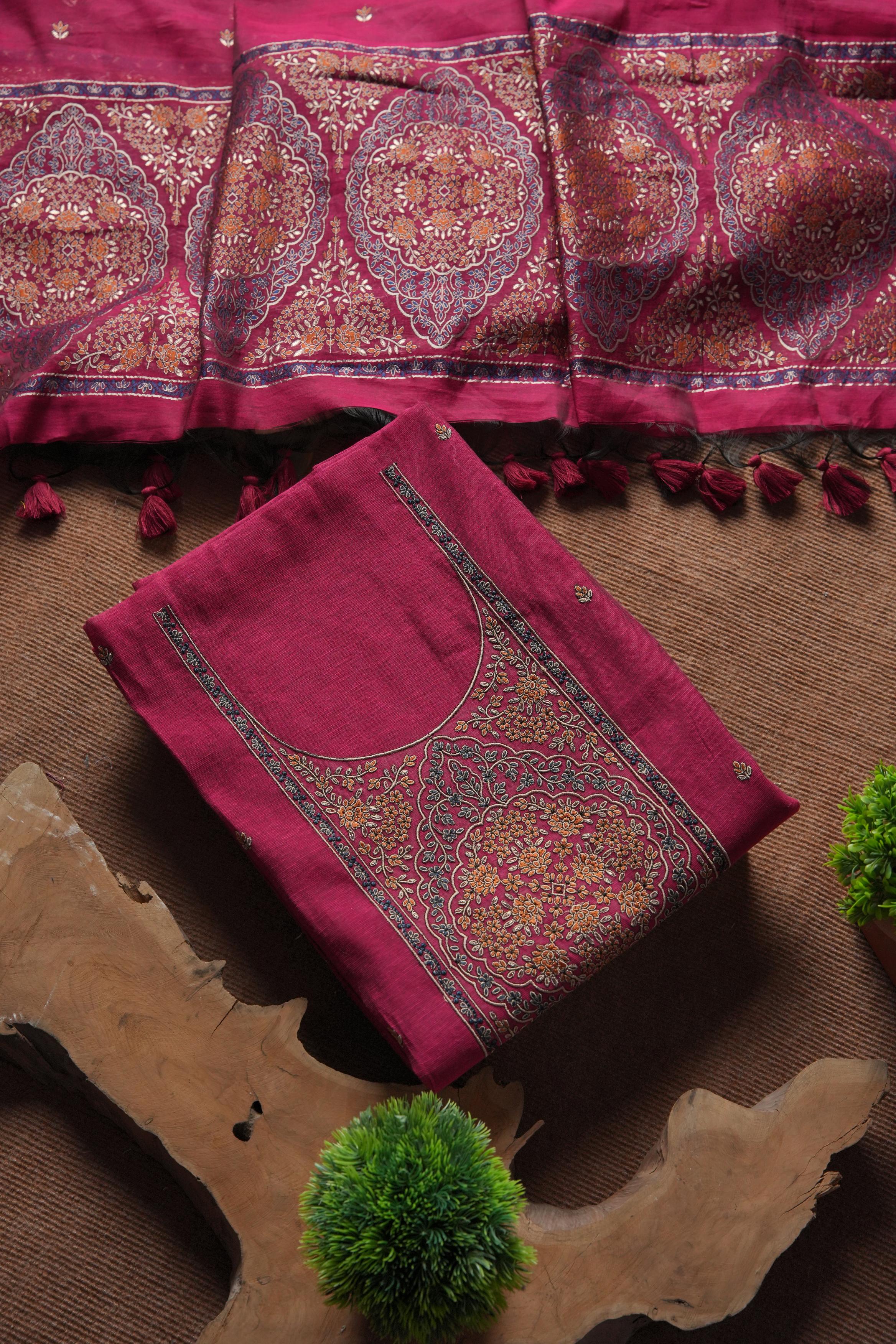 Linen Cotton Kashmiri Art Unstitched Suit- PINK