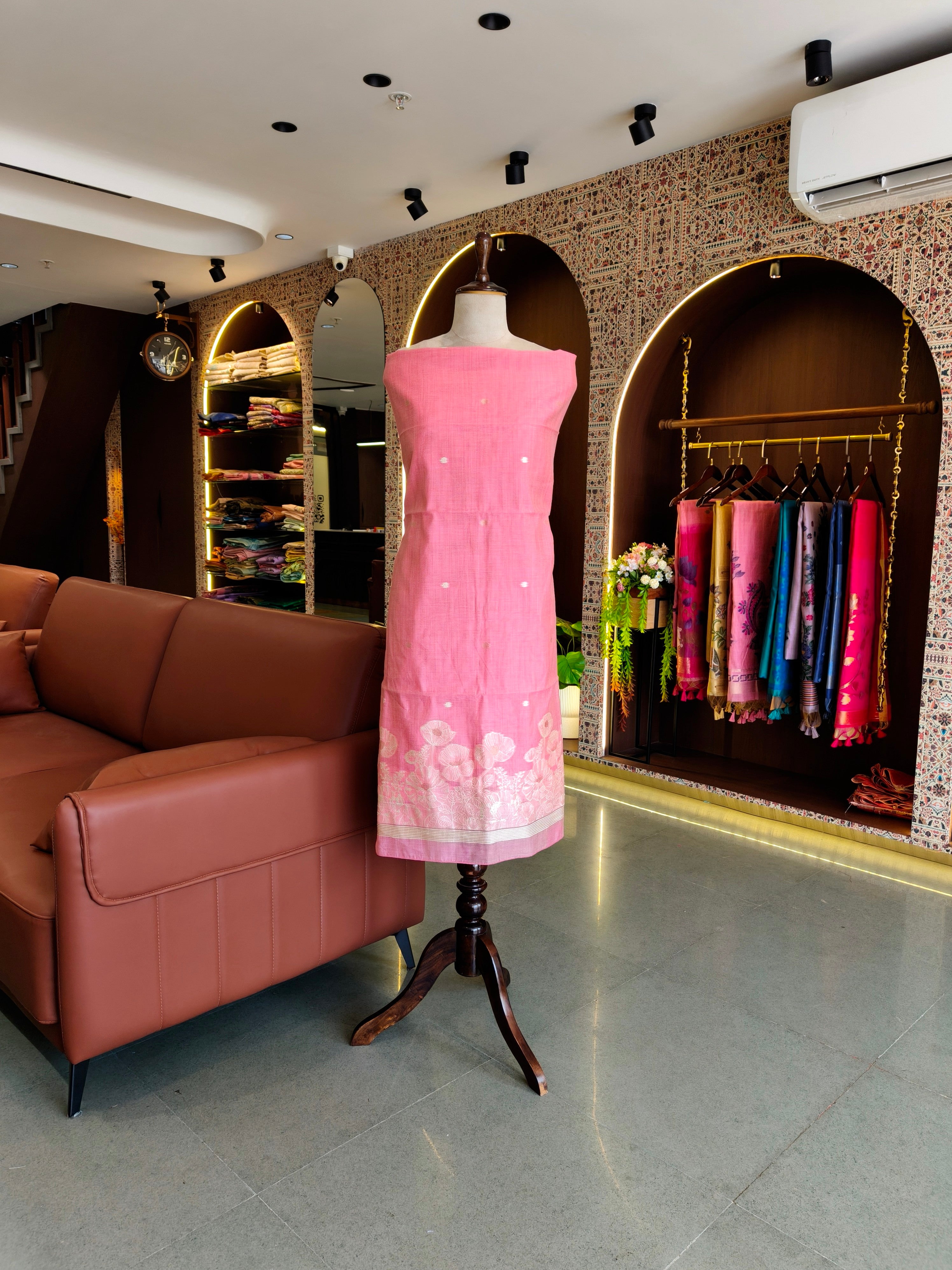 Premium Muga Cotton Unstitched Suit- PINK