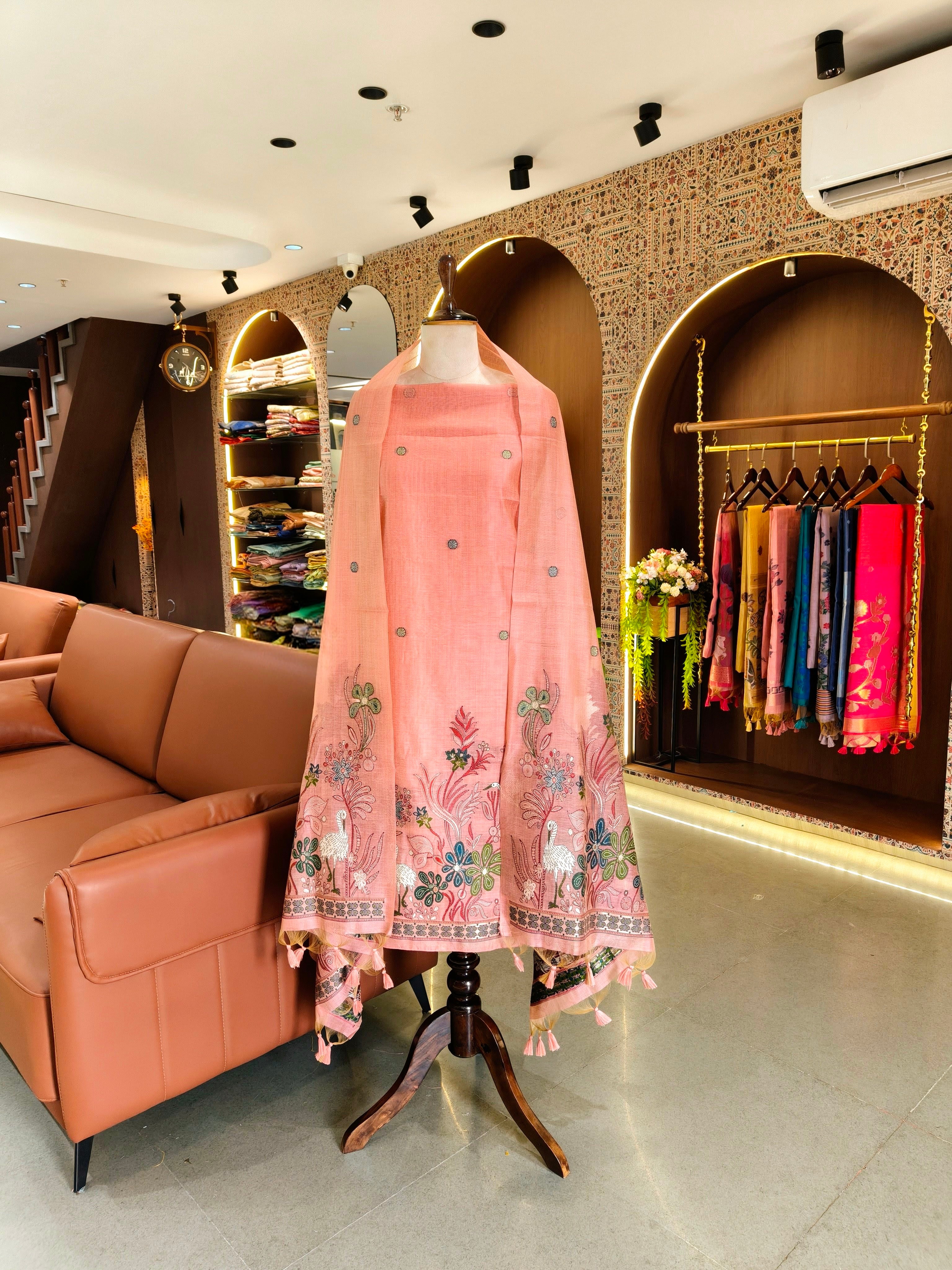 Muga Cotton Khadi Jamdani Unstitched Suit- Pink