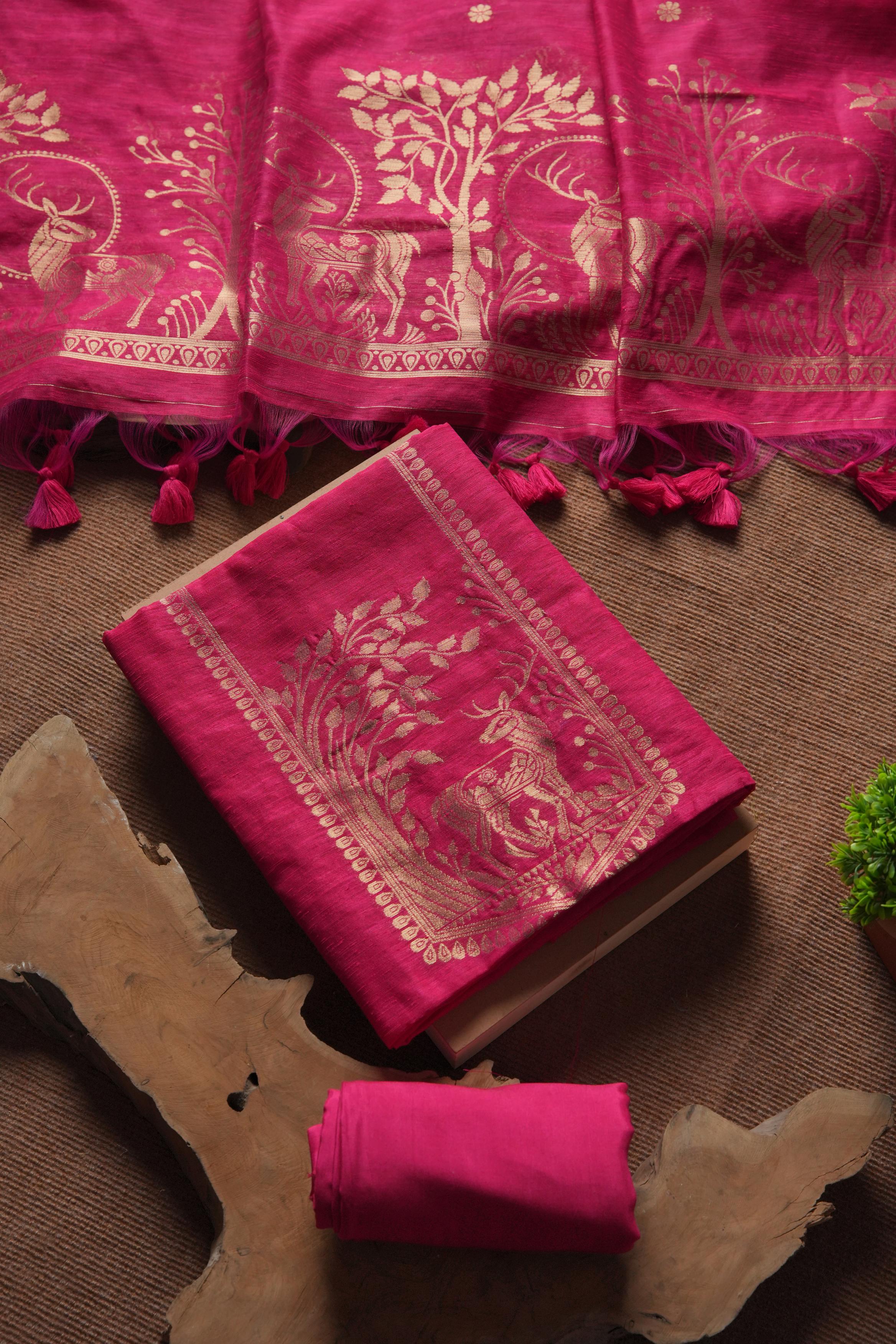 Linen Muslin Golden Zari Unstitched Suit-Pink