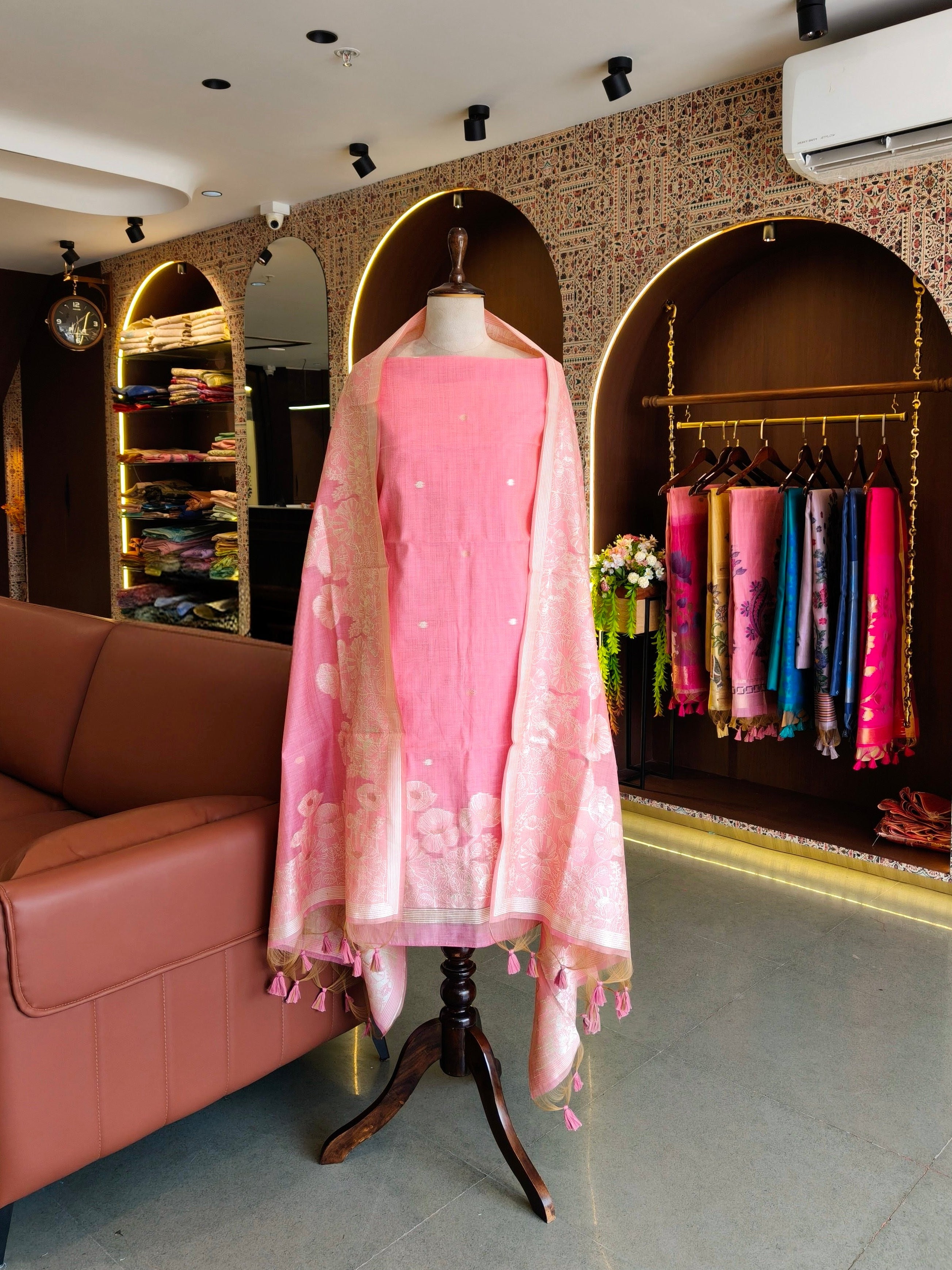 Premium Muga Cotton Unstitched Suit- PINK