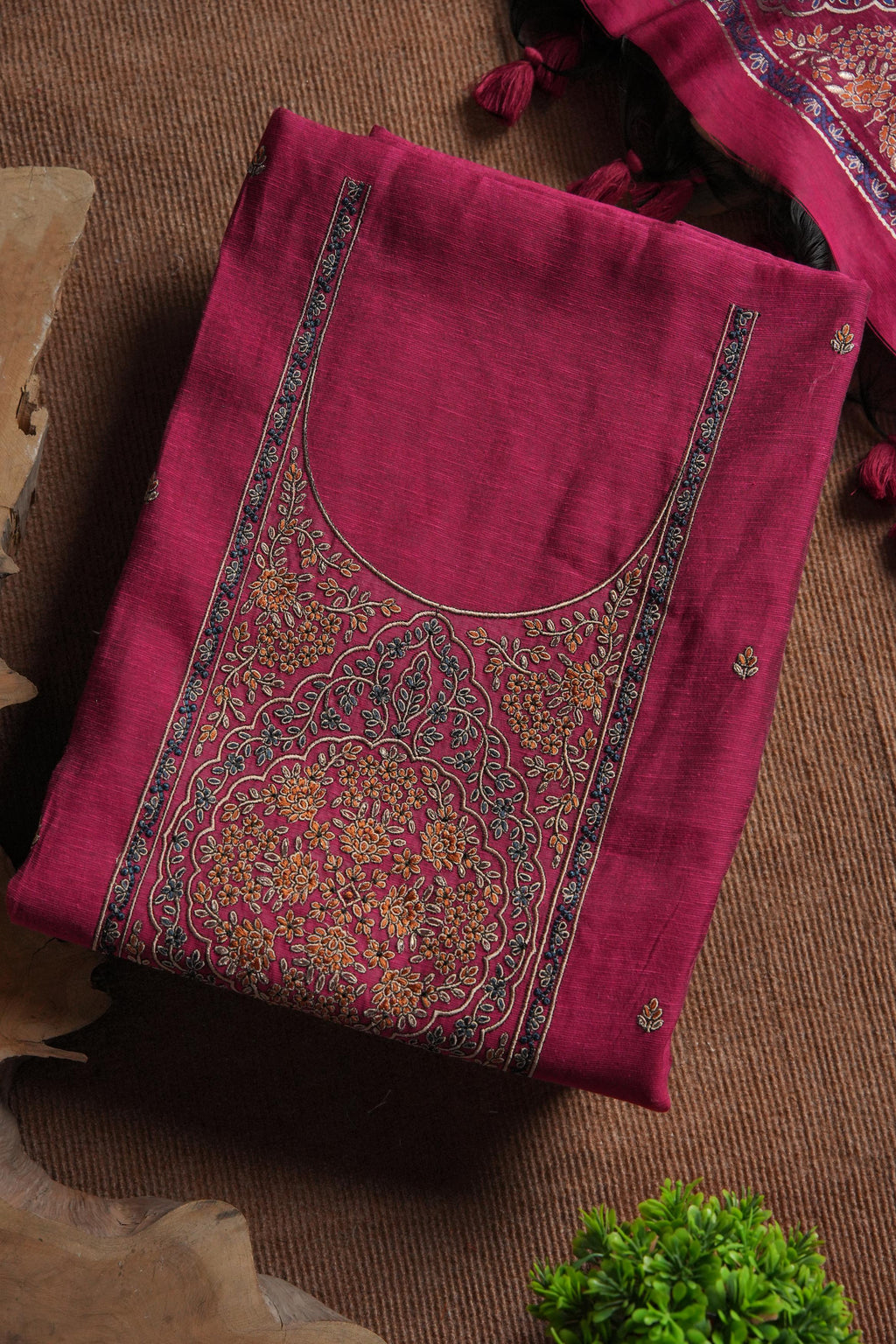 Linen Cotton Kashmiri Art Unstitched Suit- PINK