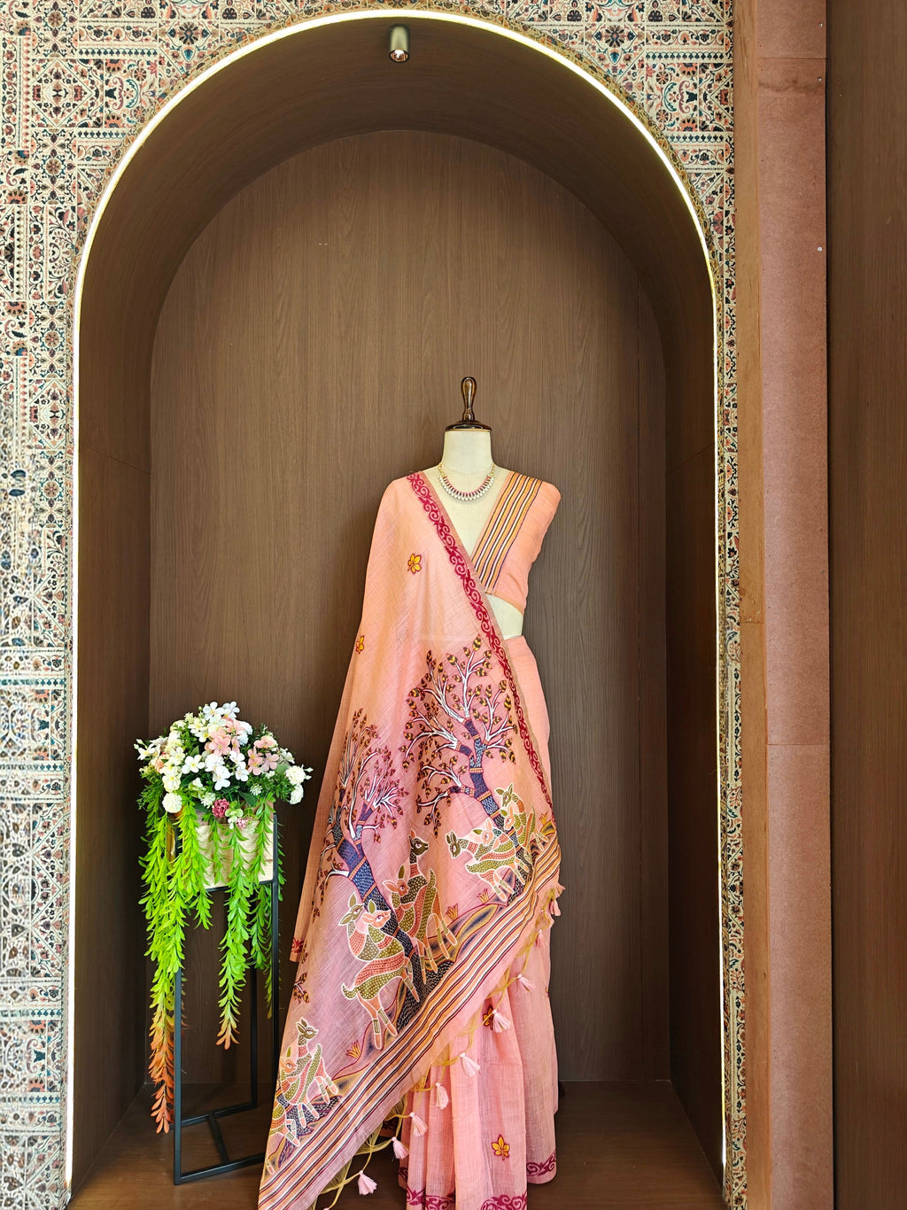 Designer Muga Cotton Saree with Warli Inspired Border-PINK
