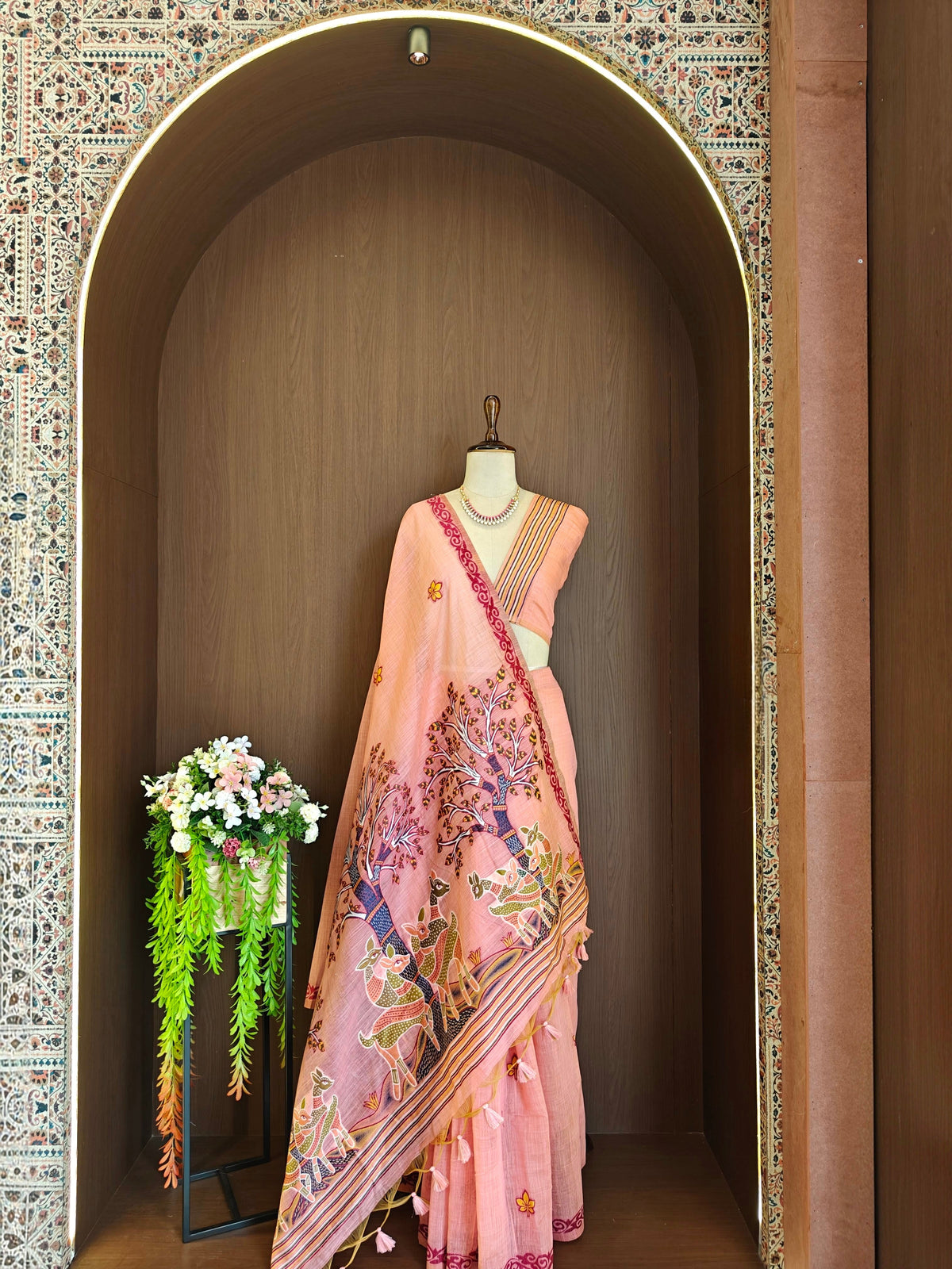 Designer Muga Cotton Saree with Warli Inspired Border-PINK