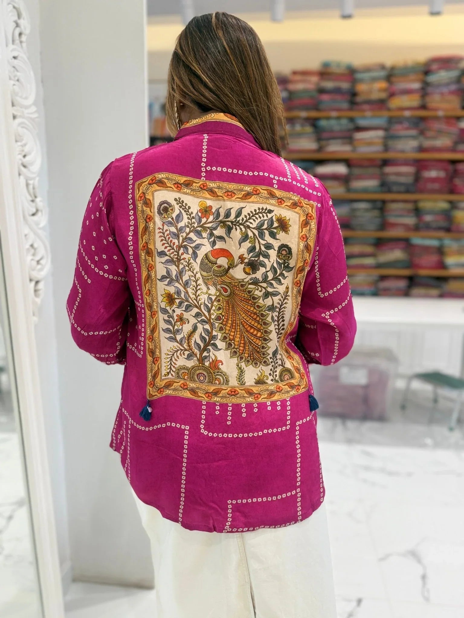 Pure crepe Bandhni kalamkari fusion handwork shirt  -  PINK