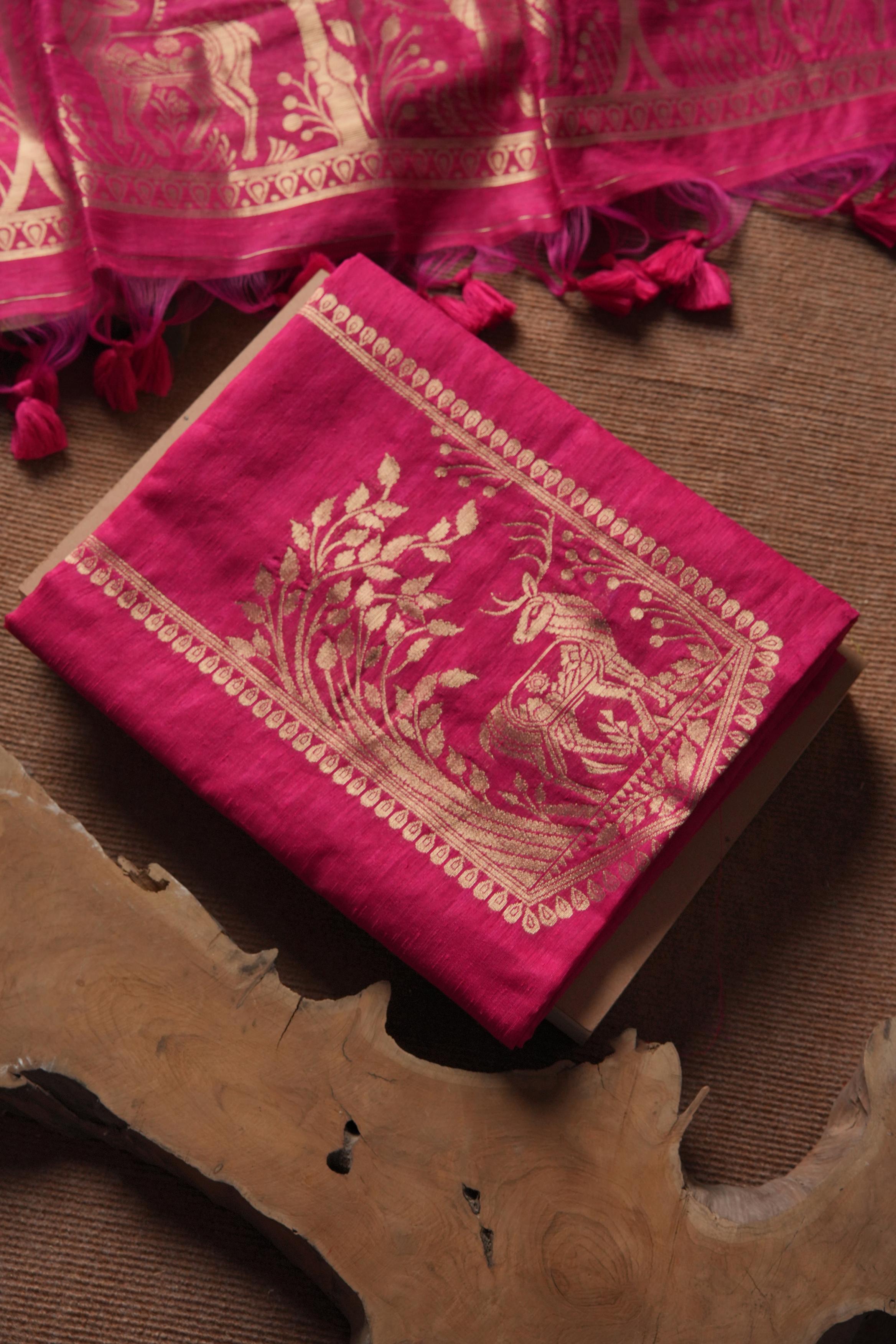 Linen Muslin Golden Zari Unstitched Suit-Pink