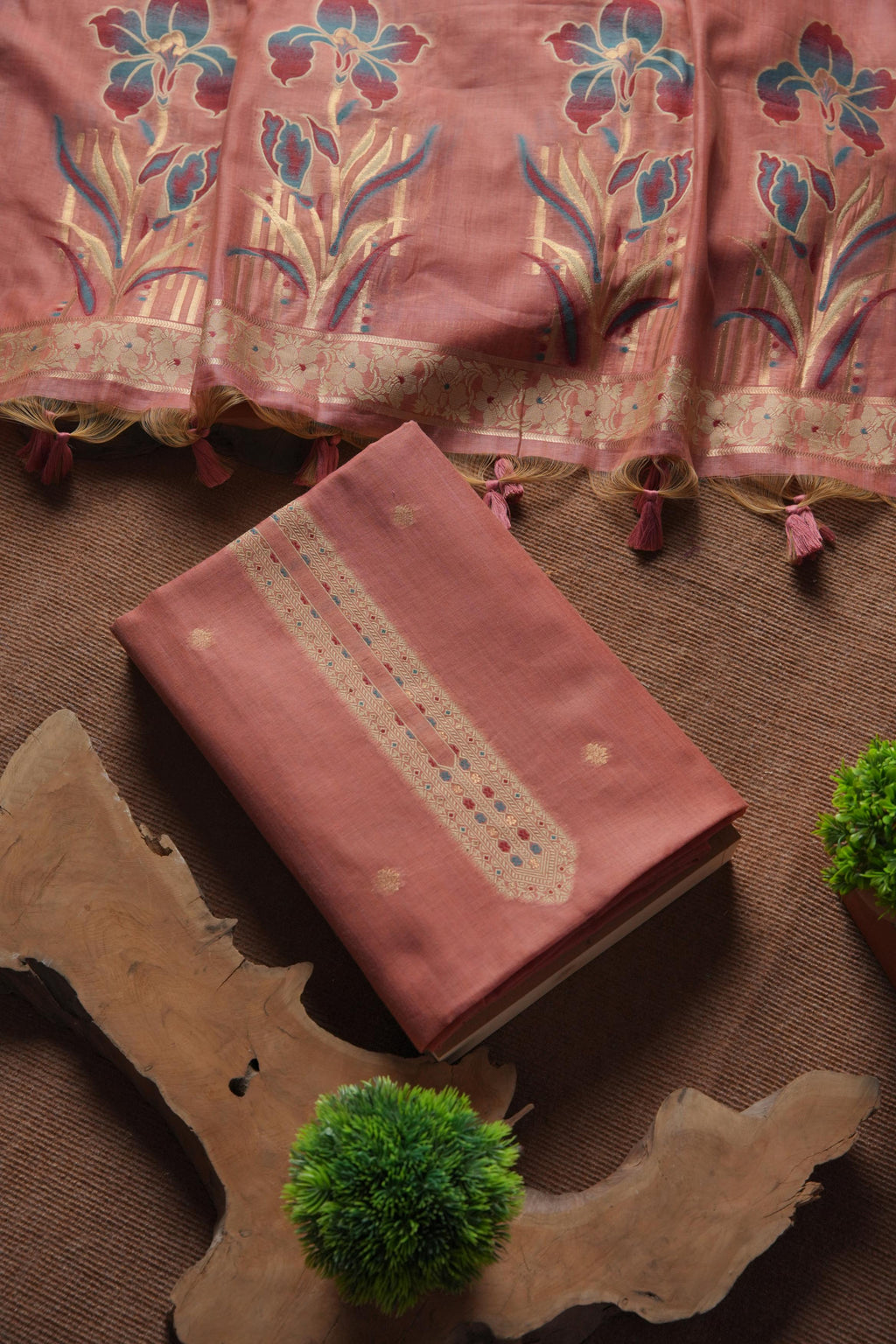 Blush Muga Cotton Unstitched Suit - PINK