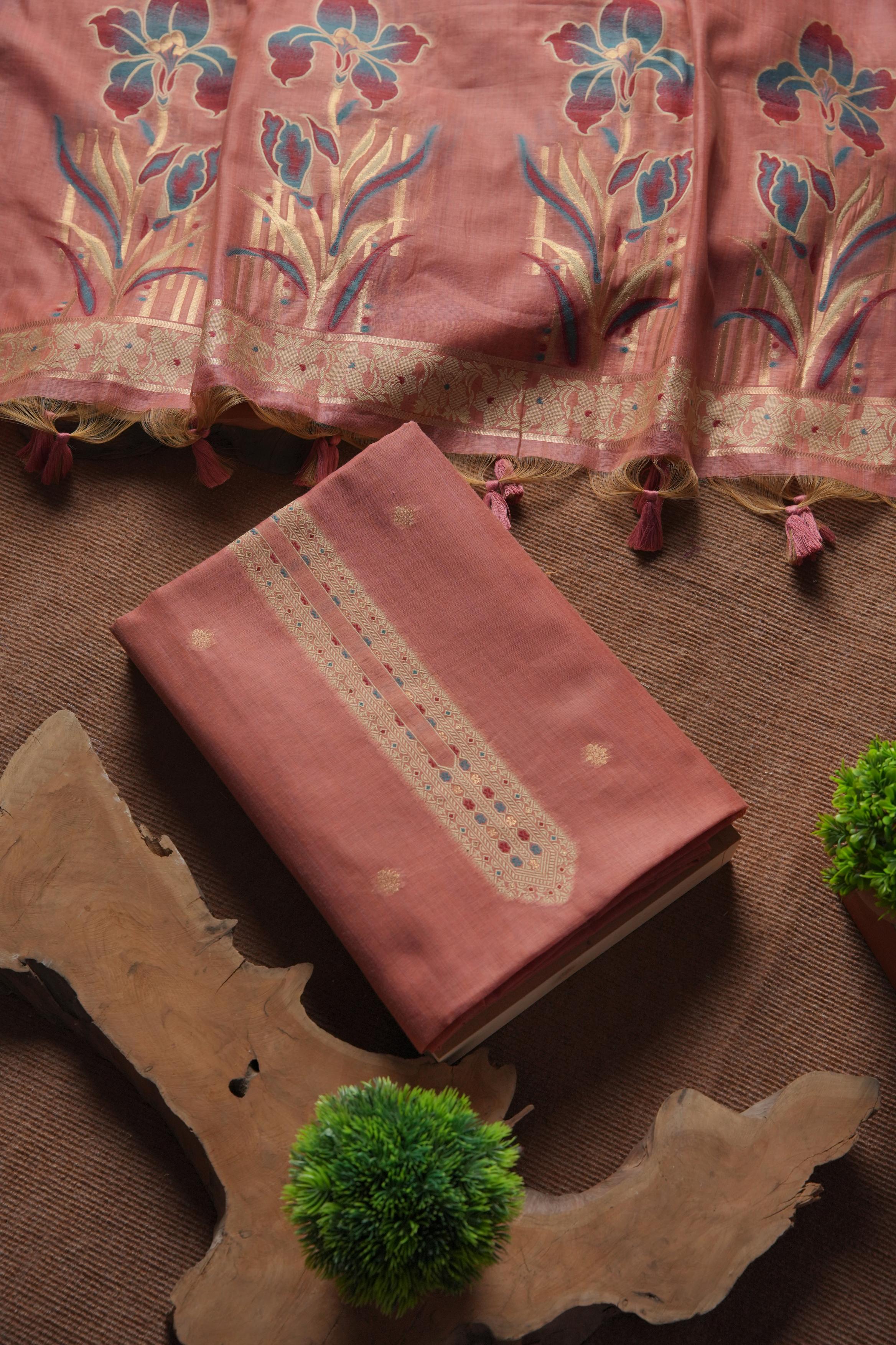 Blush Muga Cotton Unstitched Suit - PINK