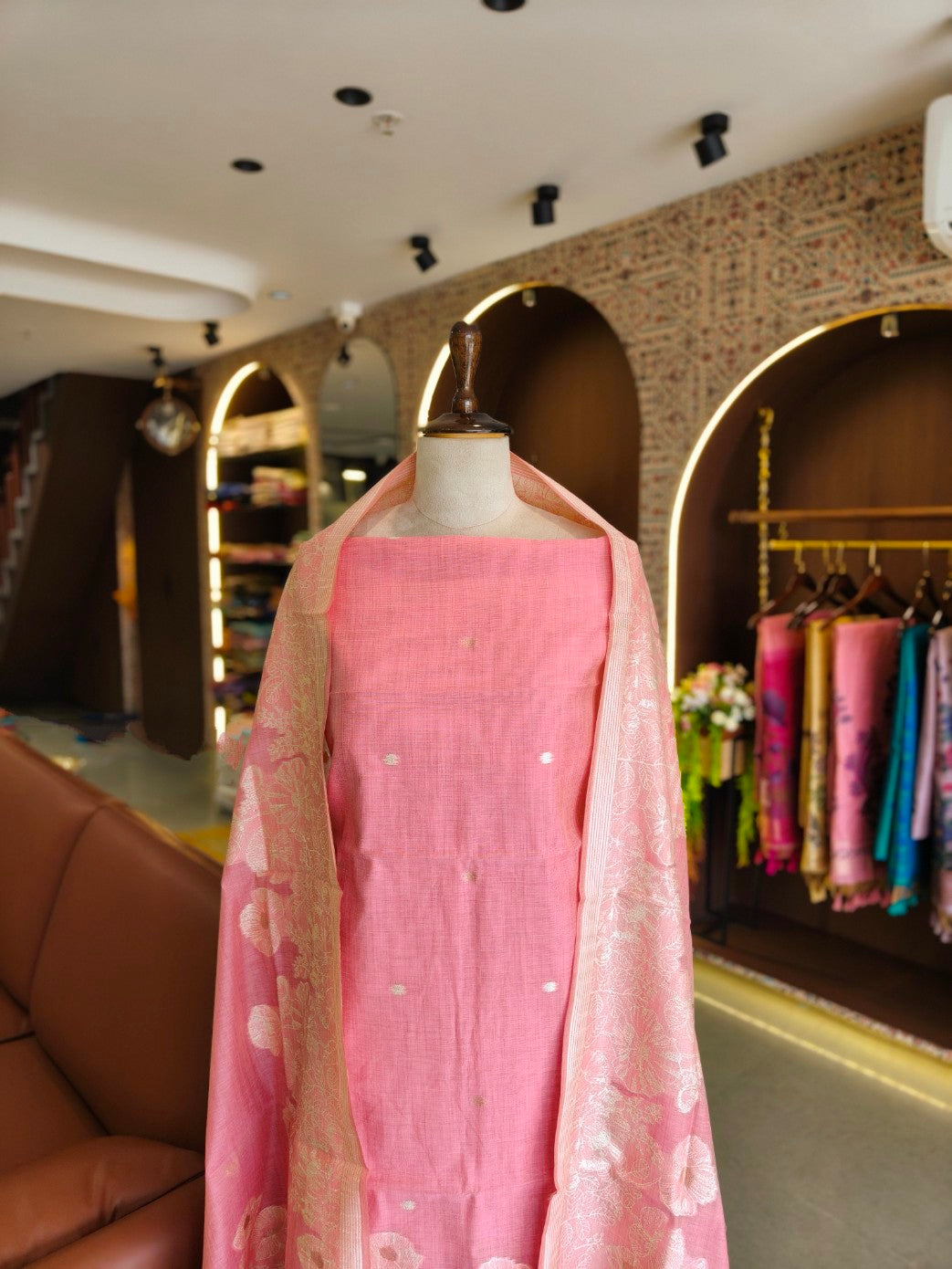 Premium Muga Cotton Unstitched Suit- PINK