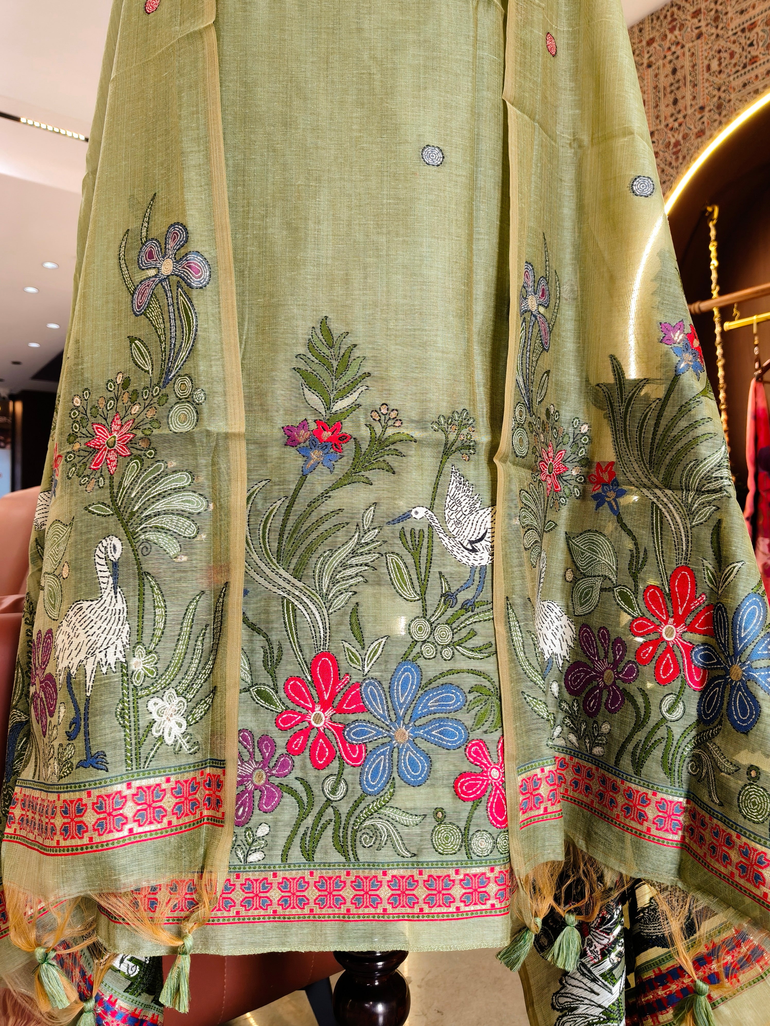 Muga Cotton Khadi Jamdani Unstitched Suit- Pista