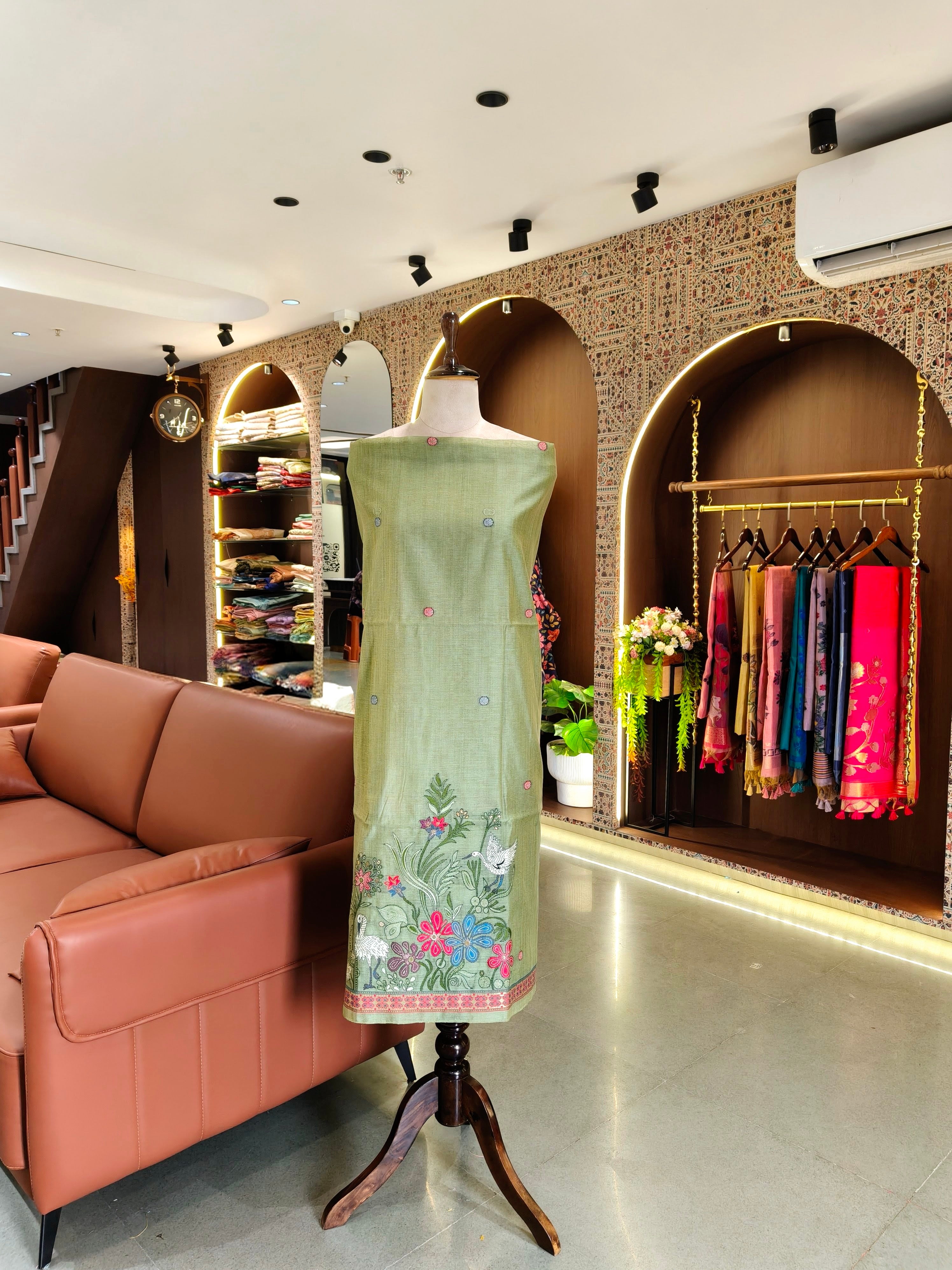 Muga Cotton Khadi Jamdani Unstitched Suit- Pista