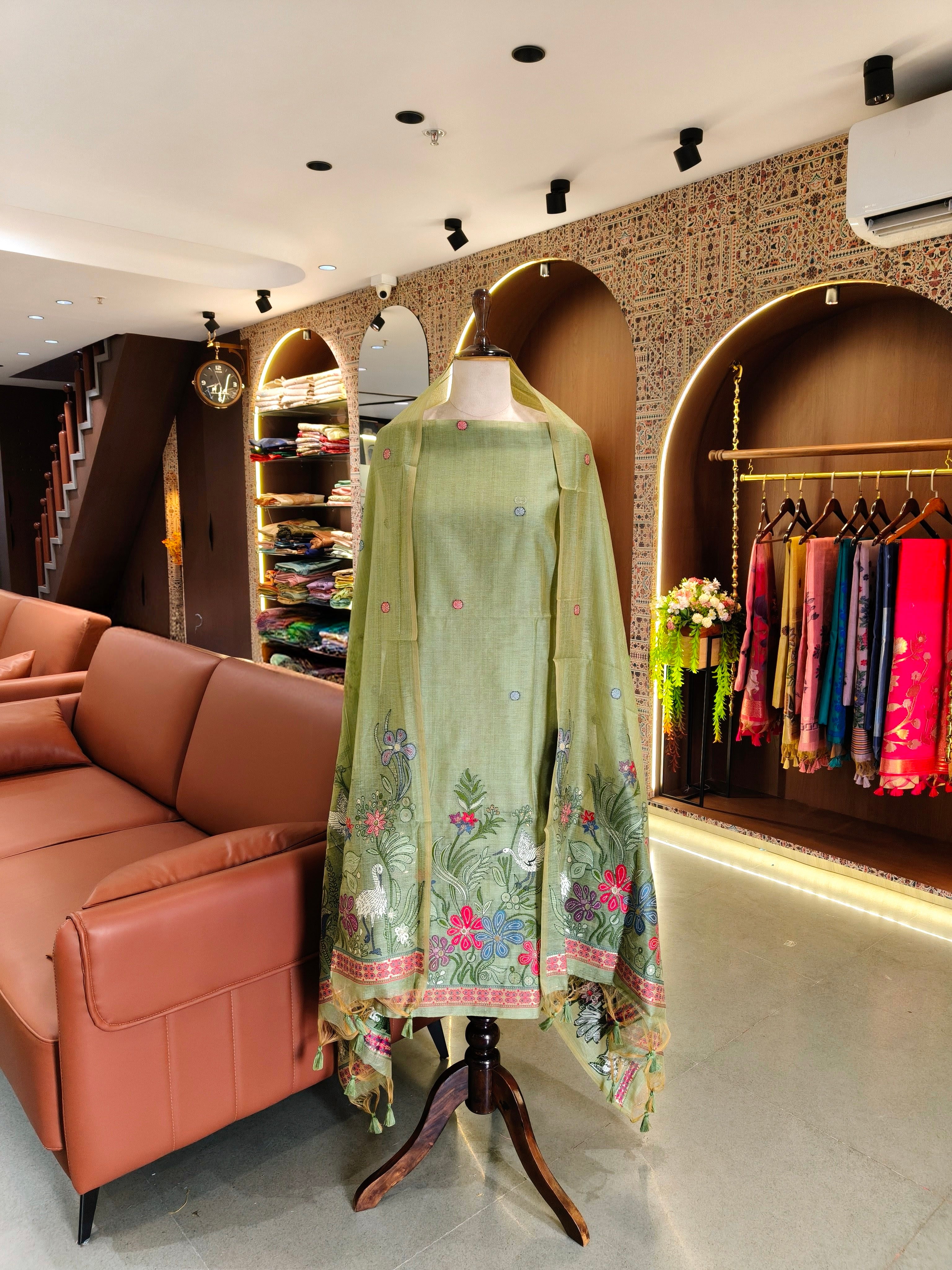 Muga Cotton Khadi Jamdani Unstitched Suit- Pista